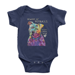 Beware Of Pit Bulls, They Will Steal Your Heart  Infant One-Piece Romper Bodysuit and Toddler T-shirt Navy Blue