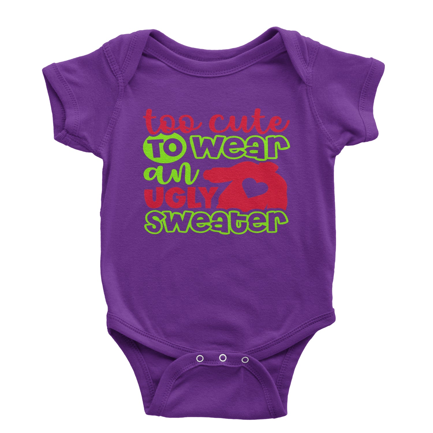 Too Cute to Wear an Ugly Christmas Sweater Infant One-Piece Romper Bodysuit and Toddler T-shirt Purple