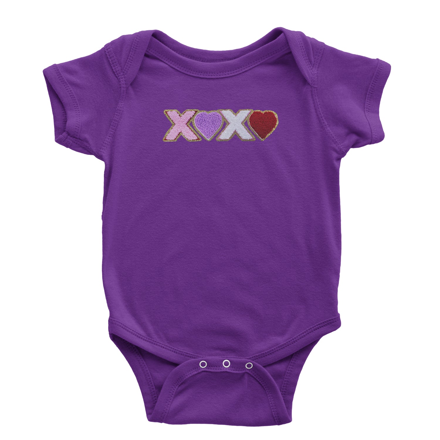 XOXO Chenille Patch Valentines Days Infant One-Piece Romper Bodysuit and Toddler T-shirt Purple