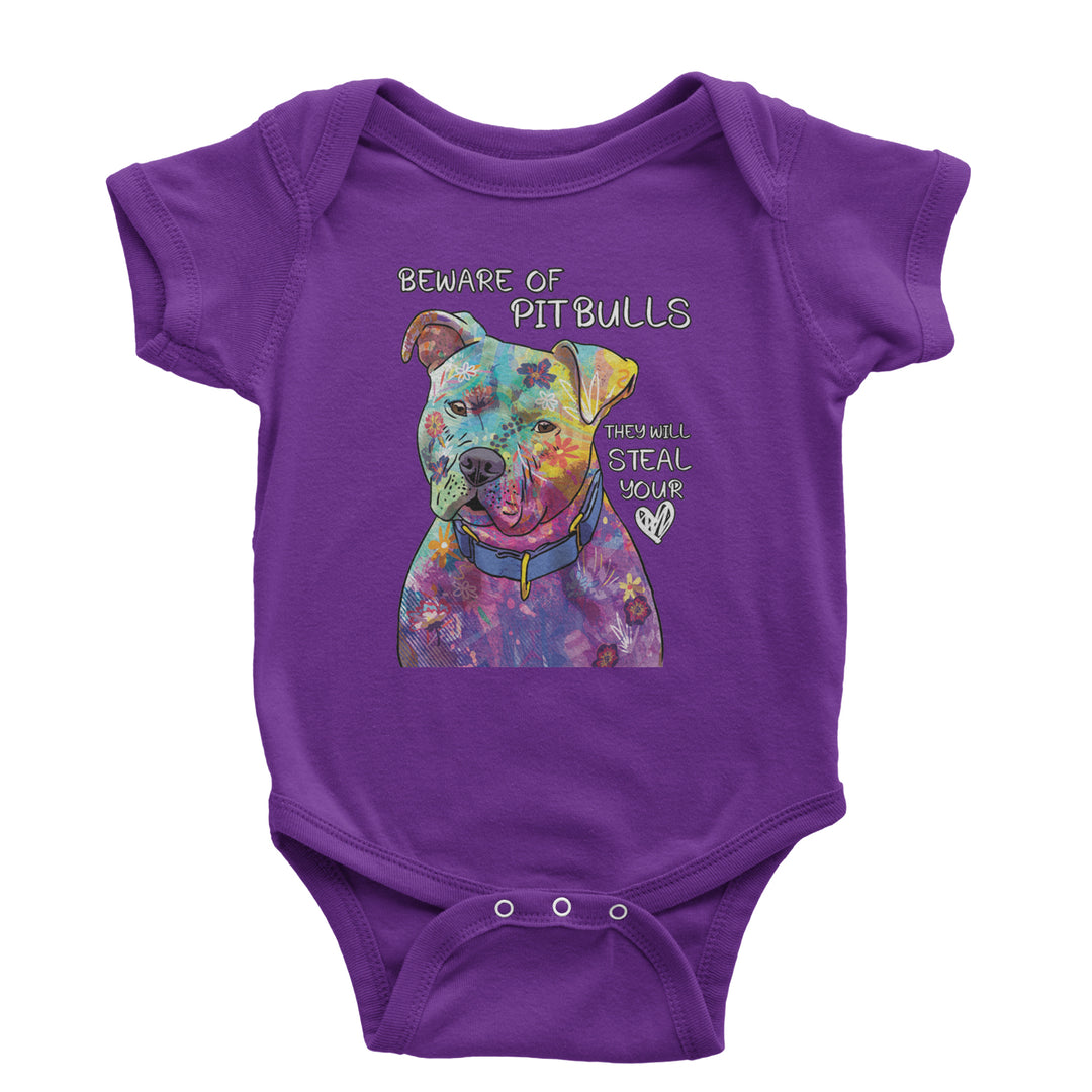 Beware Of Pit Bulls, They Will Steal Your Heart  Infant One-Piece Romper Bodysuit and Toddler T-shirt Purple