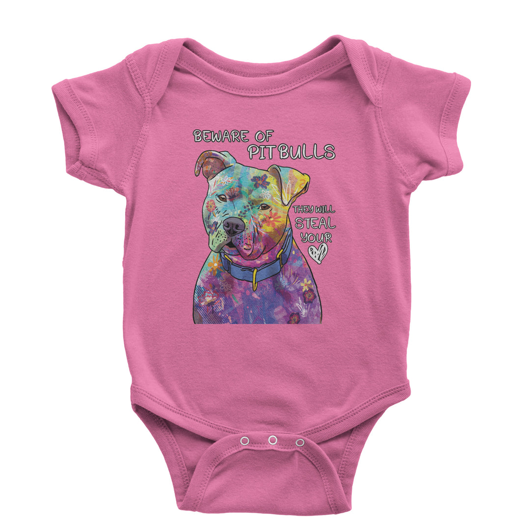 Beware Of Pit Bulls, They Will Steal Your Heart  Infant One-Piece Romper Bodysuit and Toddler T-shirt Raspberry