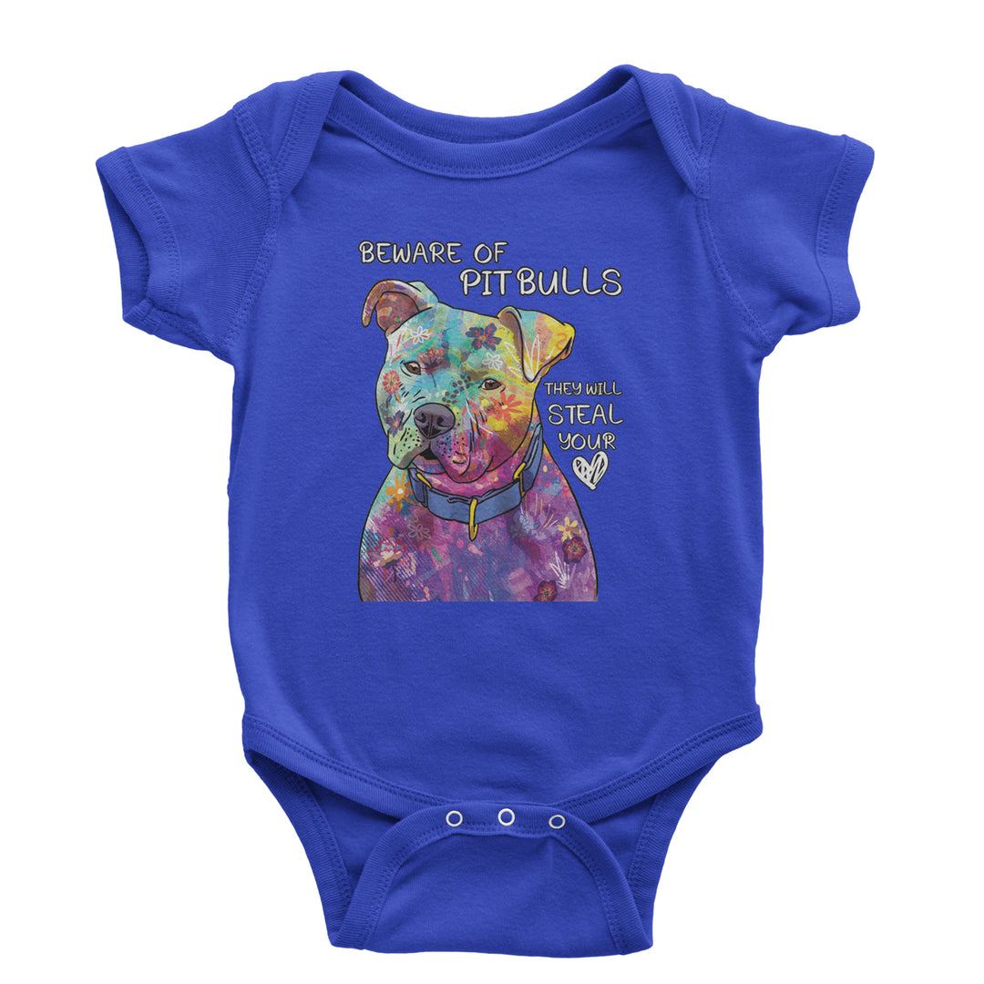 Beware Of Pit Bulls, They Will Steal Your Heart  Infant One-Piece Romper Bodysuit and Toddler T-shirt Royal Blue