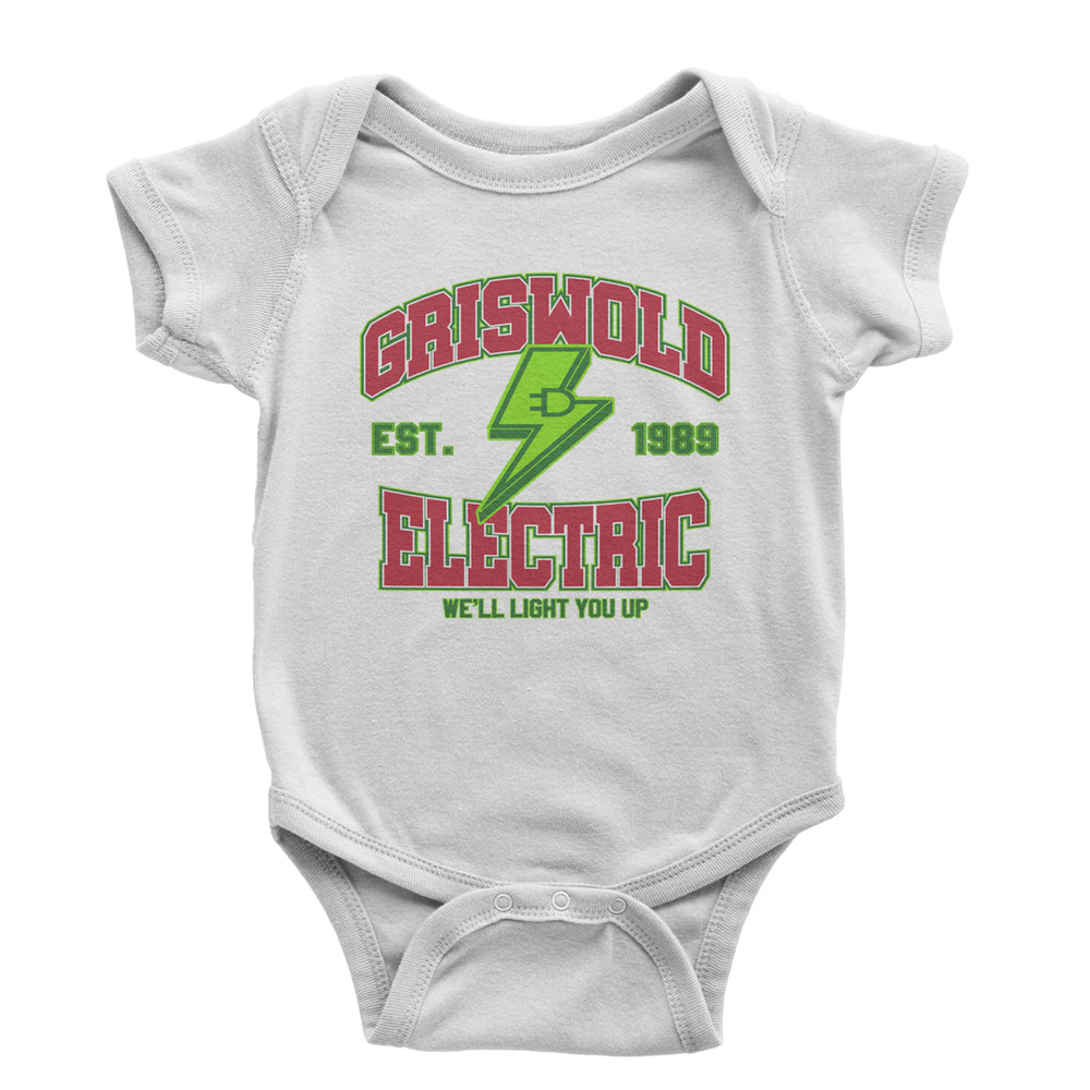 Griswold Electric We'll Light You Up graphic on Onesie and Toddler T-Shirt in White