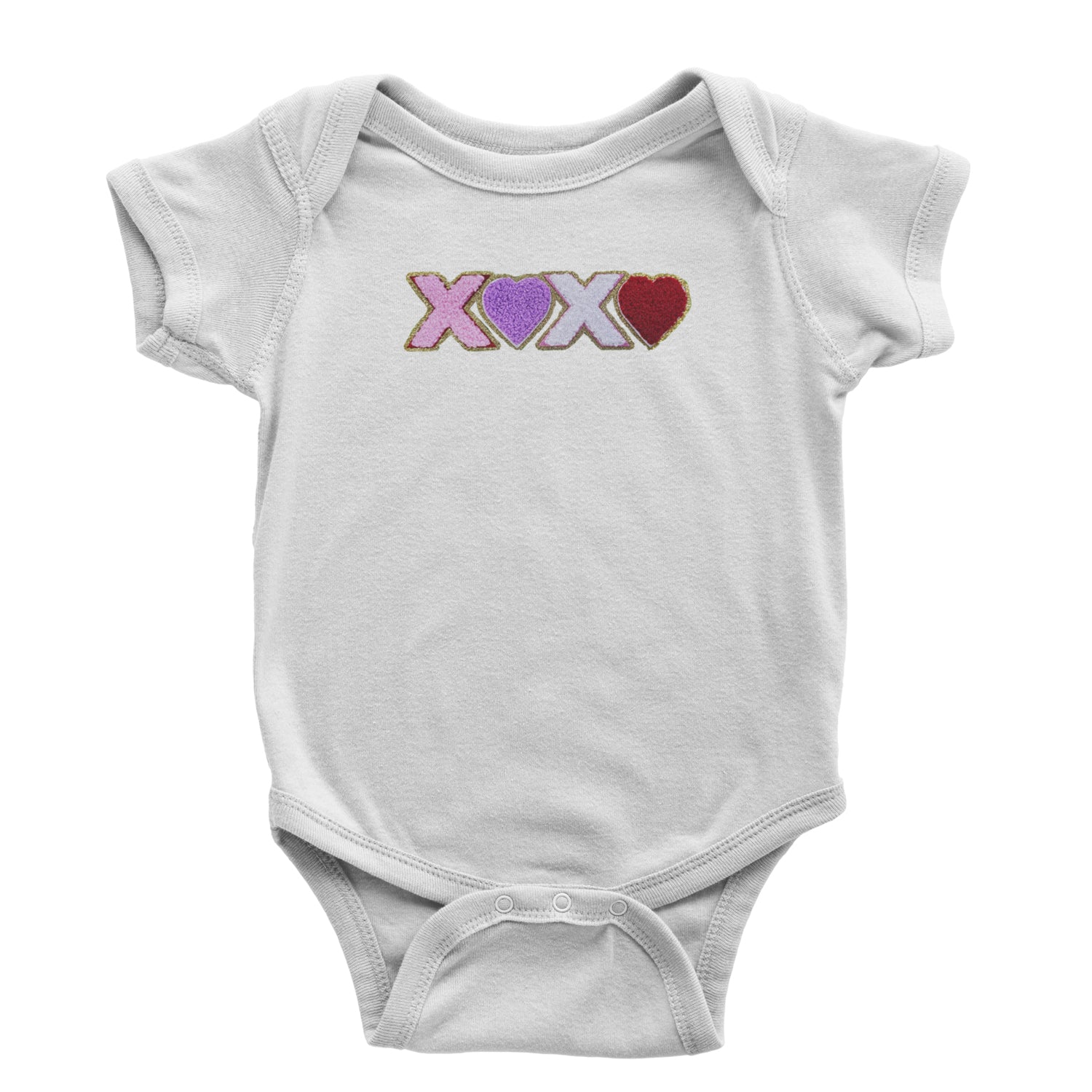 XOXO Chenille Patch Valentines Days Infant One-Piece Romper Bodysuit and Toddler T-shirt White