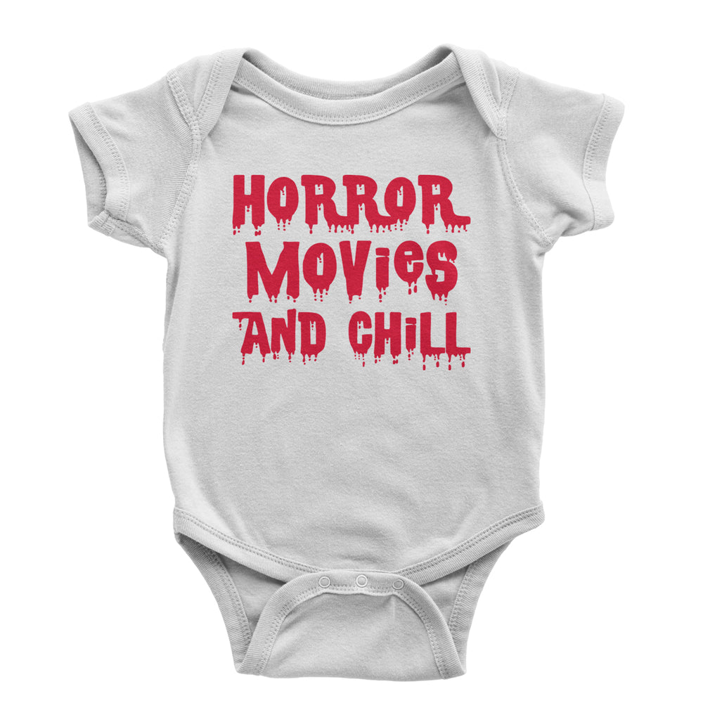 Horror Movies and Chill graphic on Onesie and Toddler T-Shirt in White