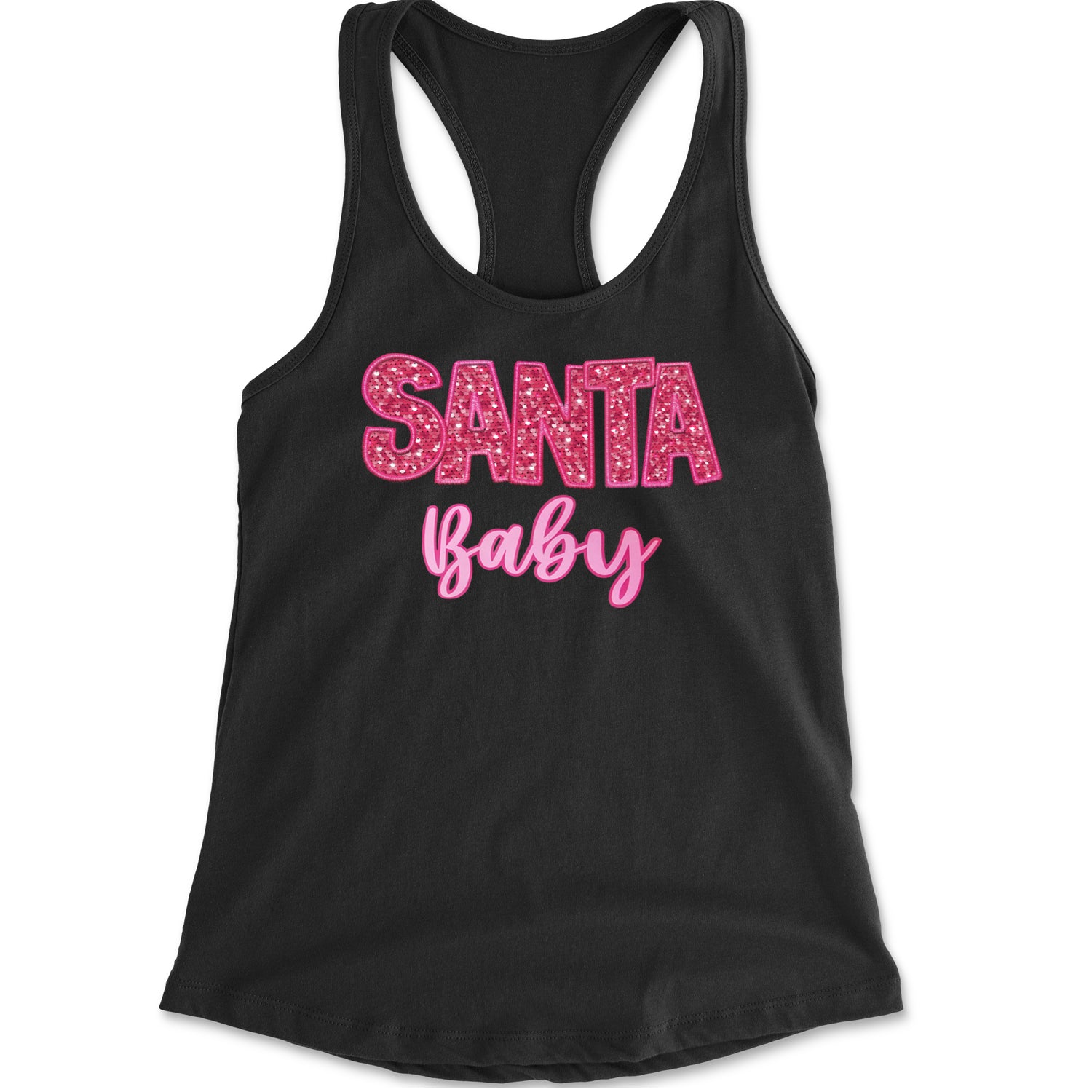 Santa Baby Faux Patch and Sequins Racerback Tank Top for Women Black