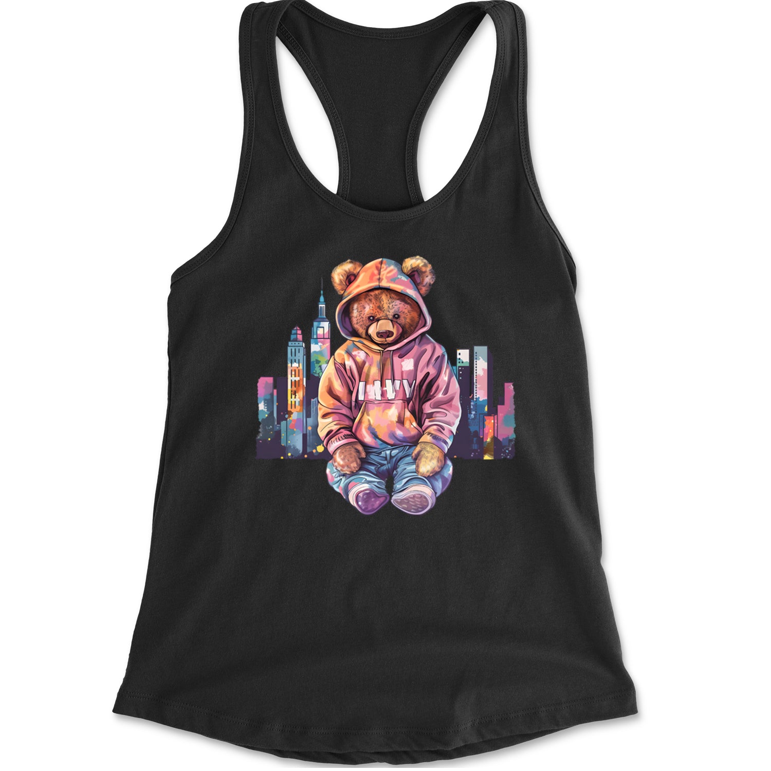 City Skyline Urban Graffiti Bear Racerback Tank Top for Women Black