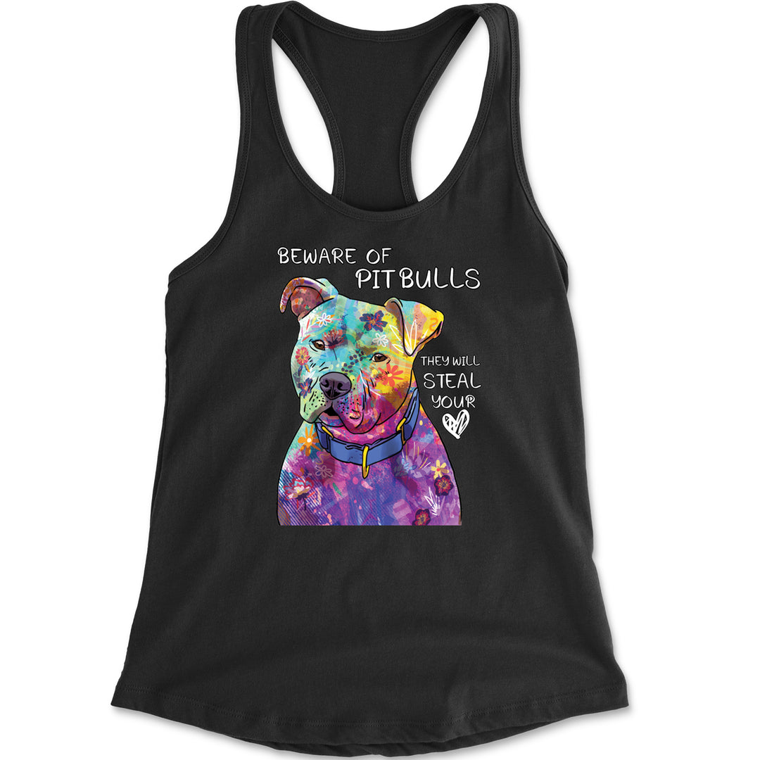 Watercolor-style pit bull portrait with heart-stealing warning text on a women's lightweight scoop-neck racerback tank top