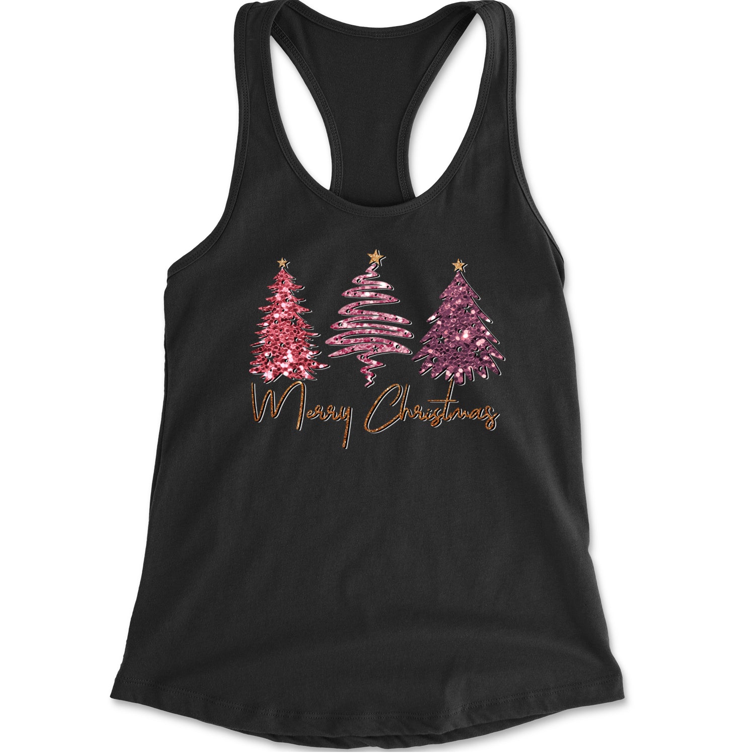 Merry Christmas Faux Glitter Trees Racerback Tank Top for Women Cotton Candy