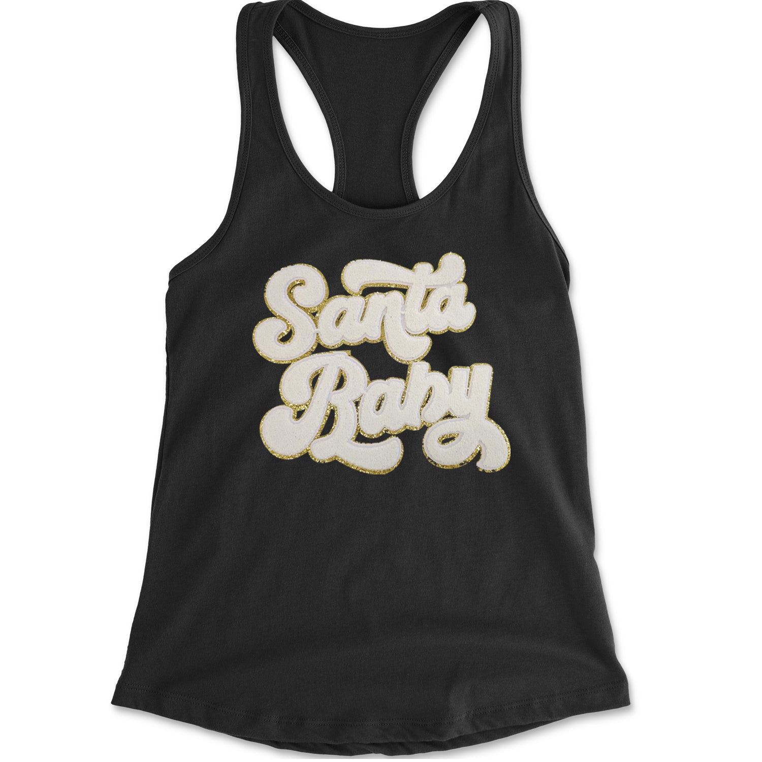 White Santa Baby Chenille Patch Racerback Tank Top for Women Black