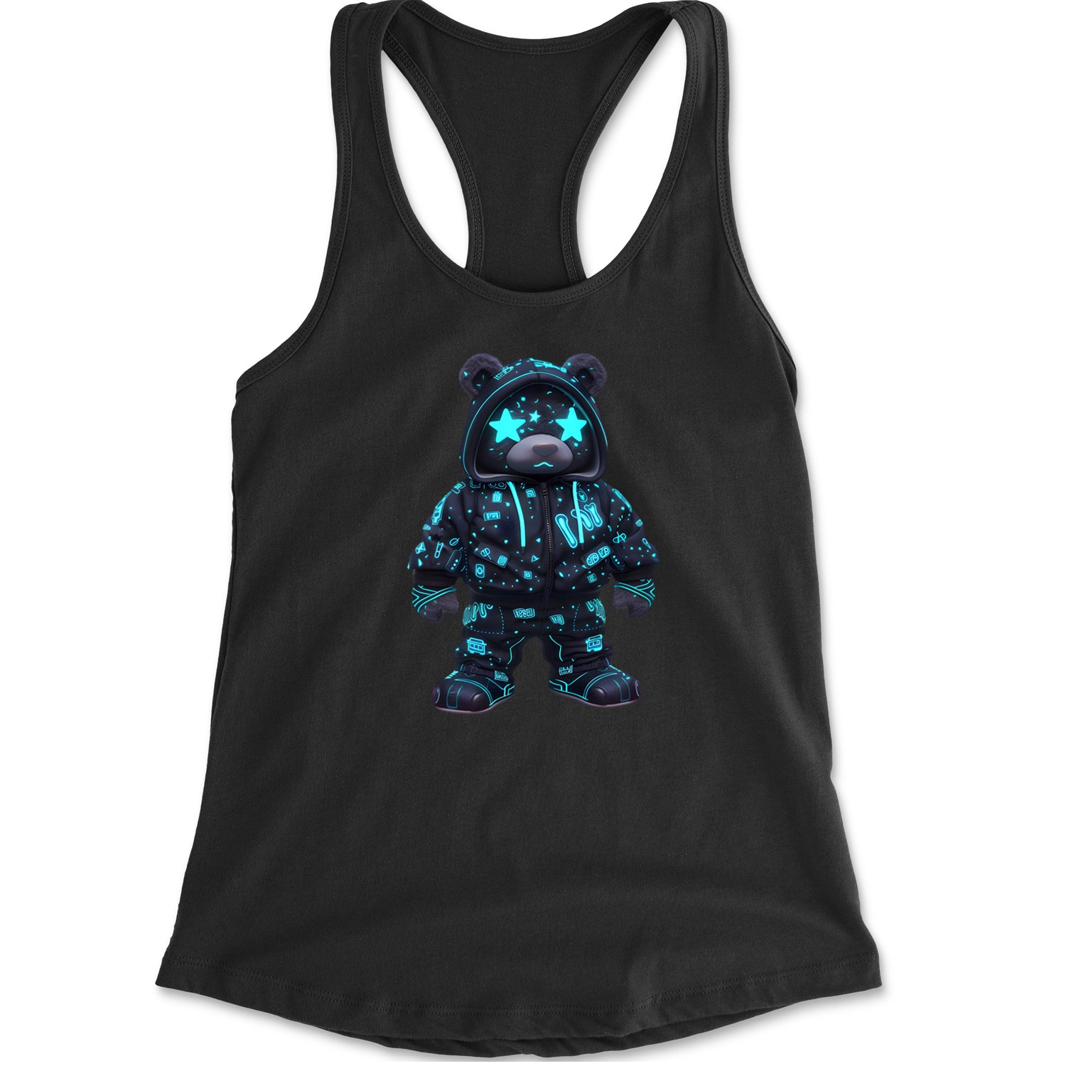 Starry Eyed Vaporwave Urban Graffiti Bear Racerback Tank Top for Women Black