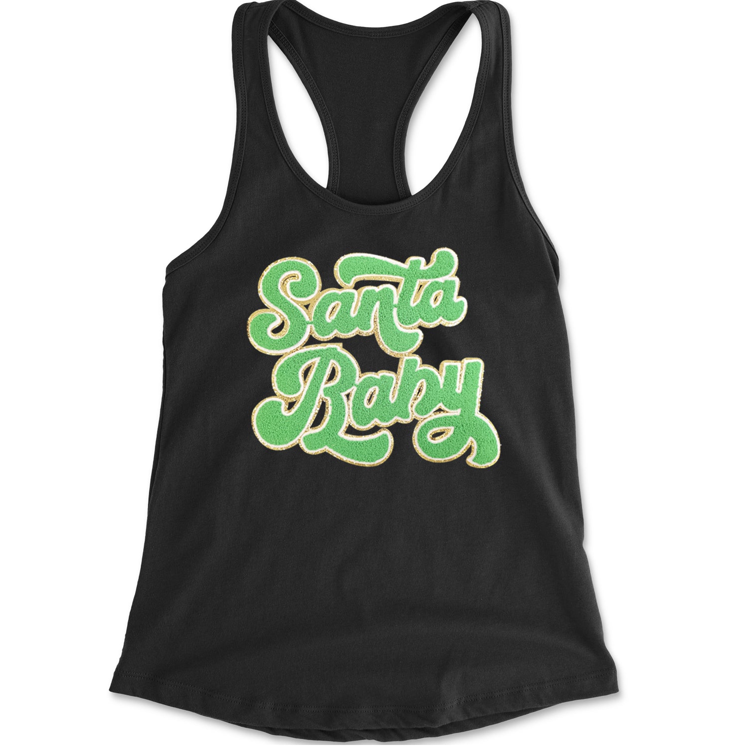 Green Santa Baby Chenille Patch Racerback Tank Top for Women Black