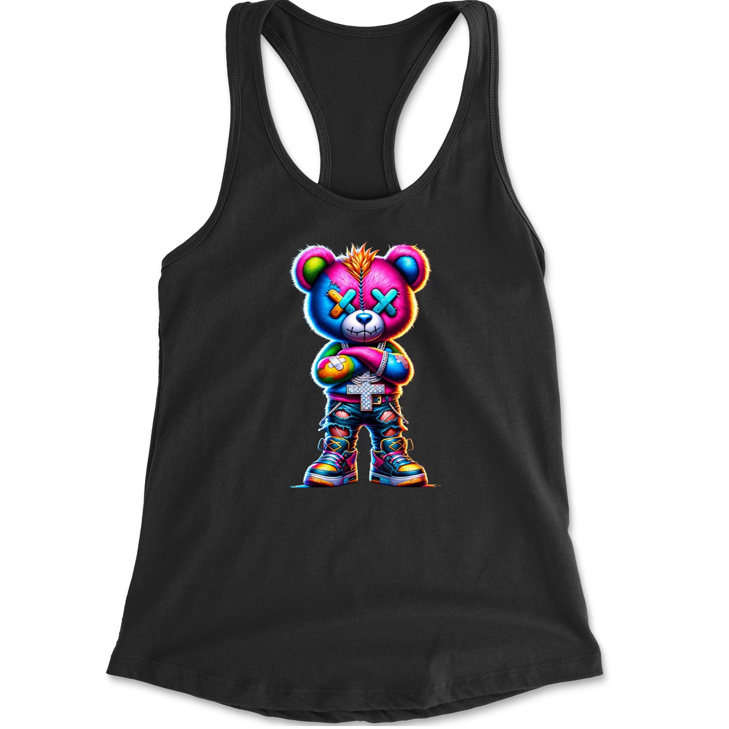 Stitched Neon Urban Graffiti Bear Racerback Tank Top for Women Black