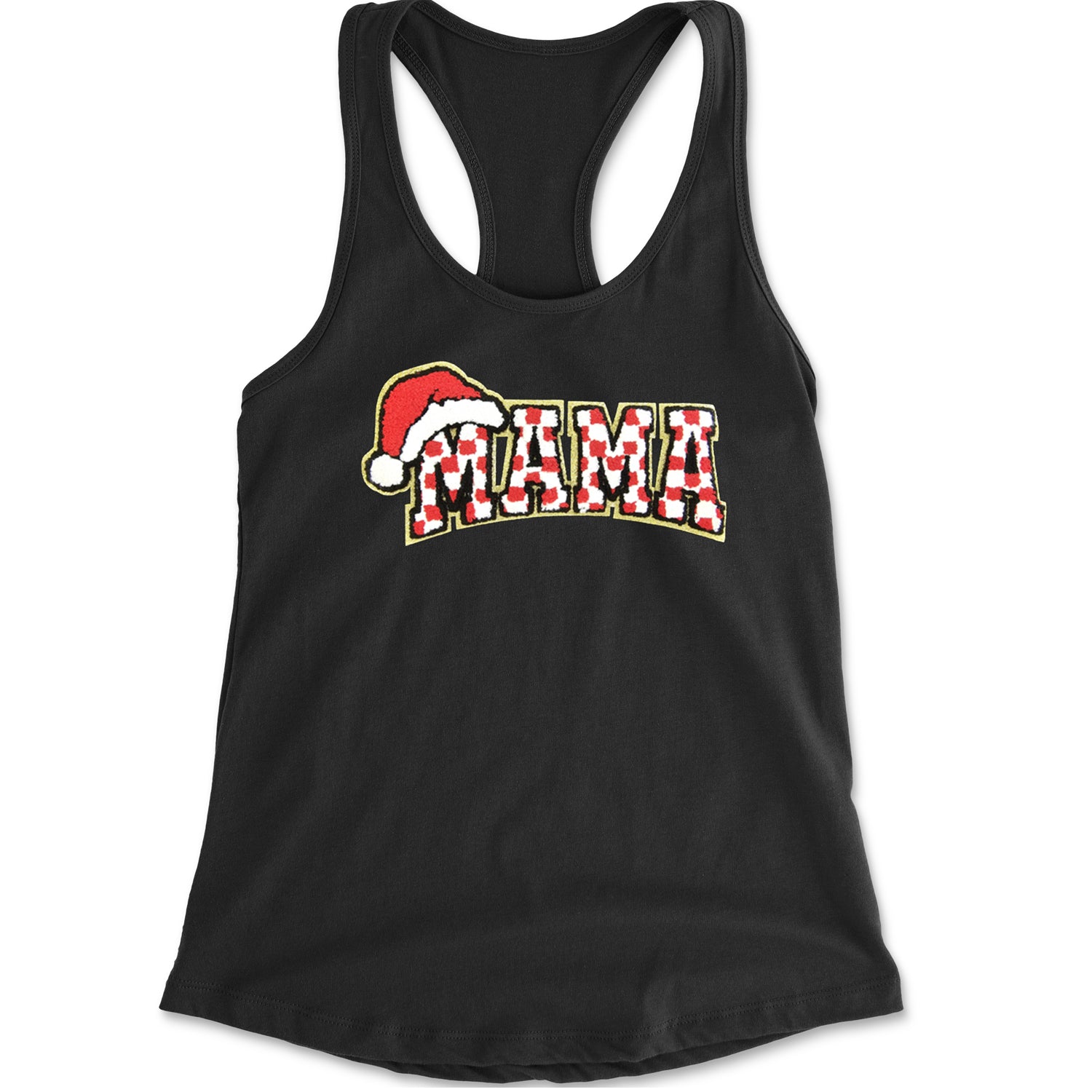 Mama Santa Hat Chenille Patch Racerback Tank Top for Women Black