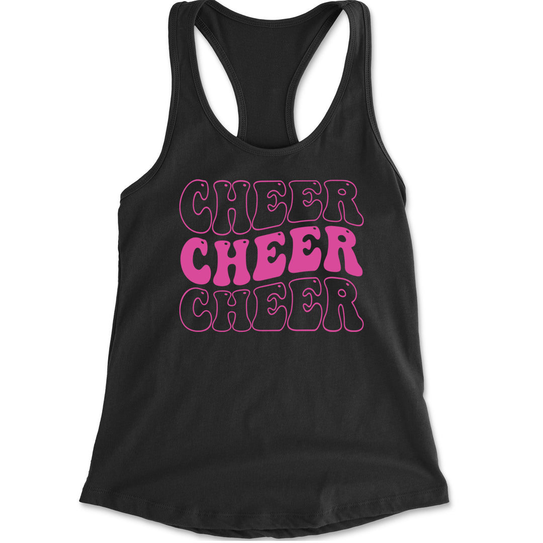 Colorful "Cheer Cheer Cheer" chant graphic on a Women's Lightweight Racerback Tank with scoop neck and racerback cut