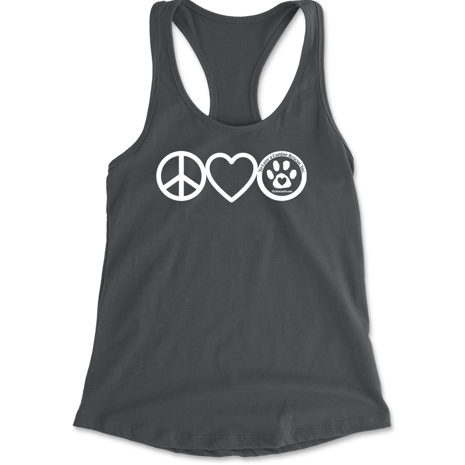 Peace, Love and TLC Dog Rescue Racerback Tank Top for Women Charcoal Grey