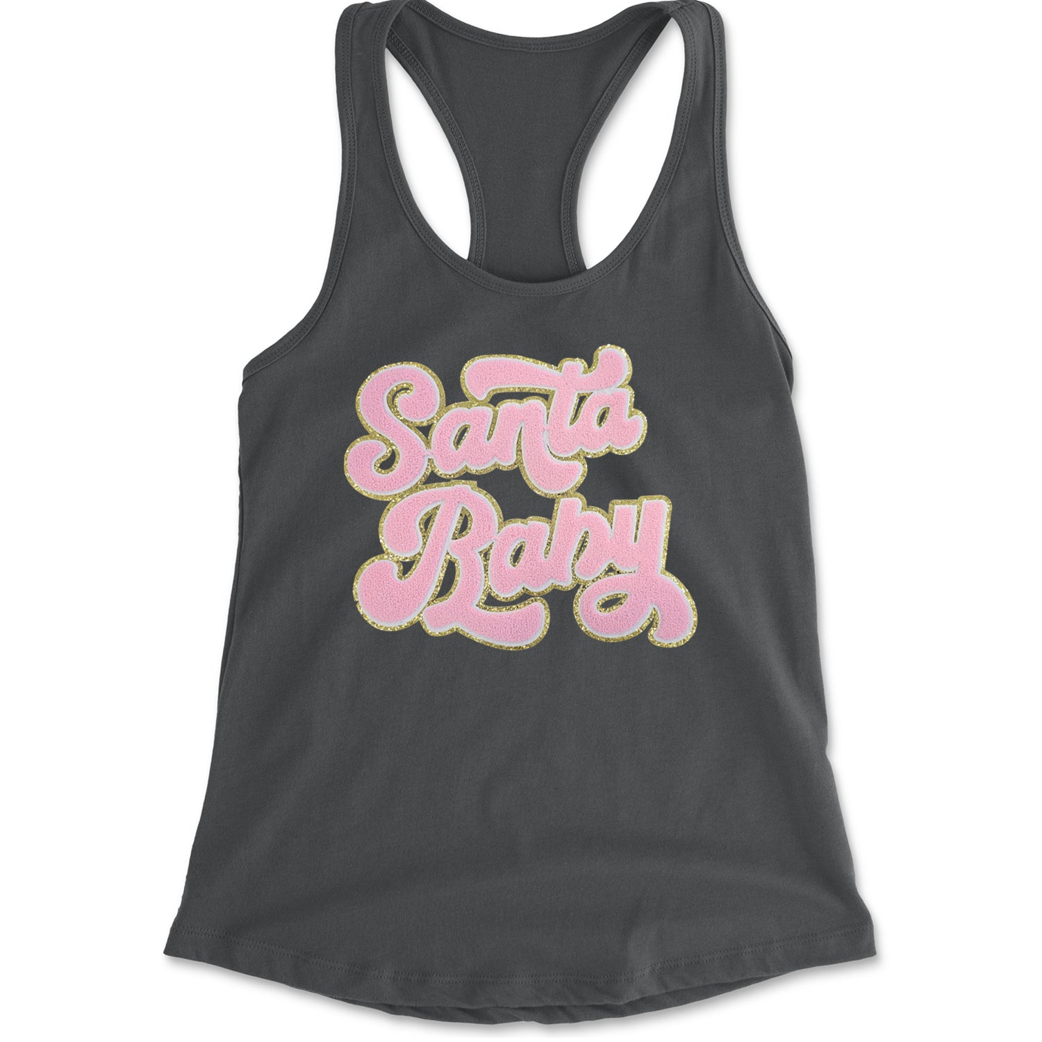 Pink Santa Baby Chenille Patch Racerback Tank Top for Women Charcoal Grey