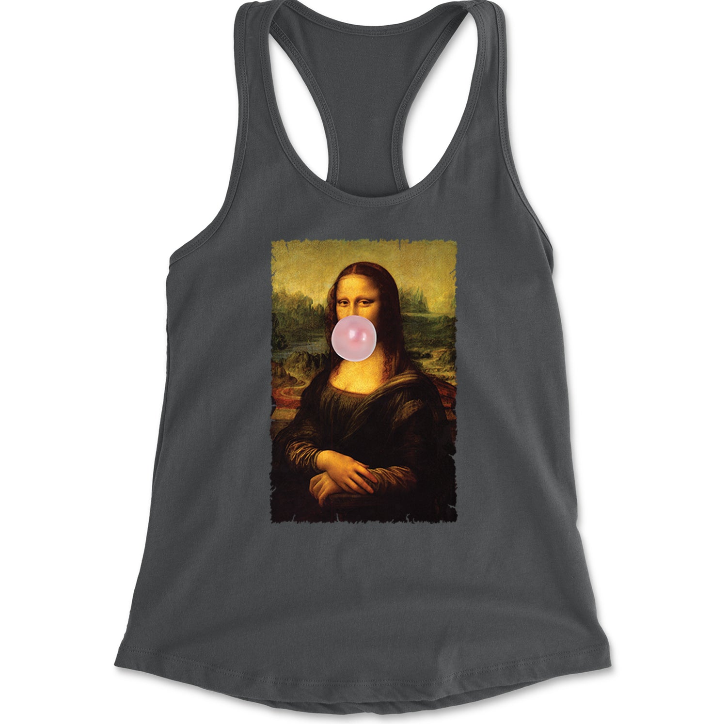 Mona Lisa Smile Pink Bubble Gum Da Vinci Icon Racerback Tank Top for Women Charcoal Grey