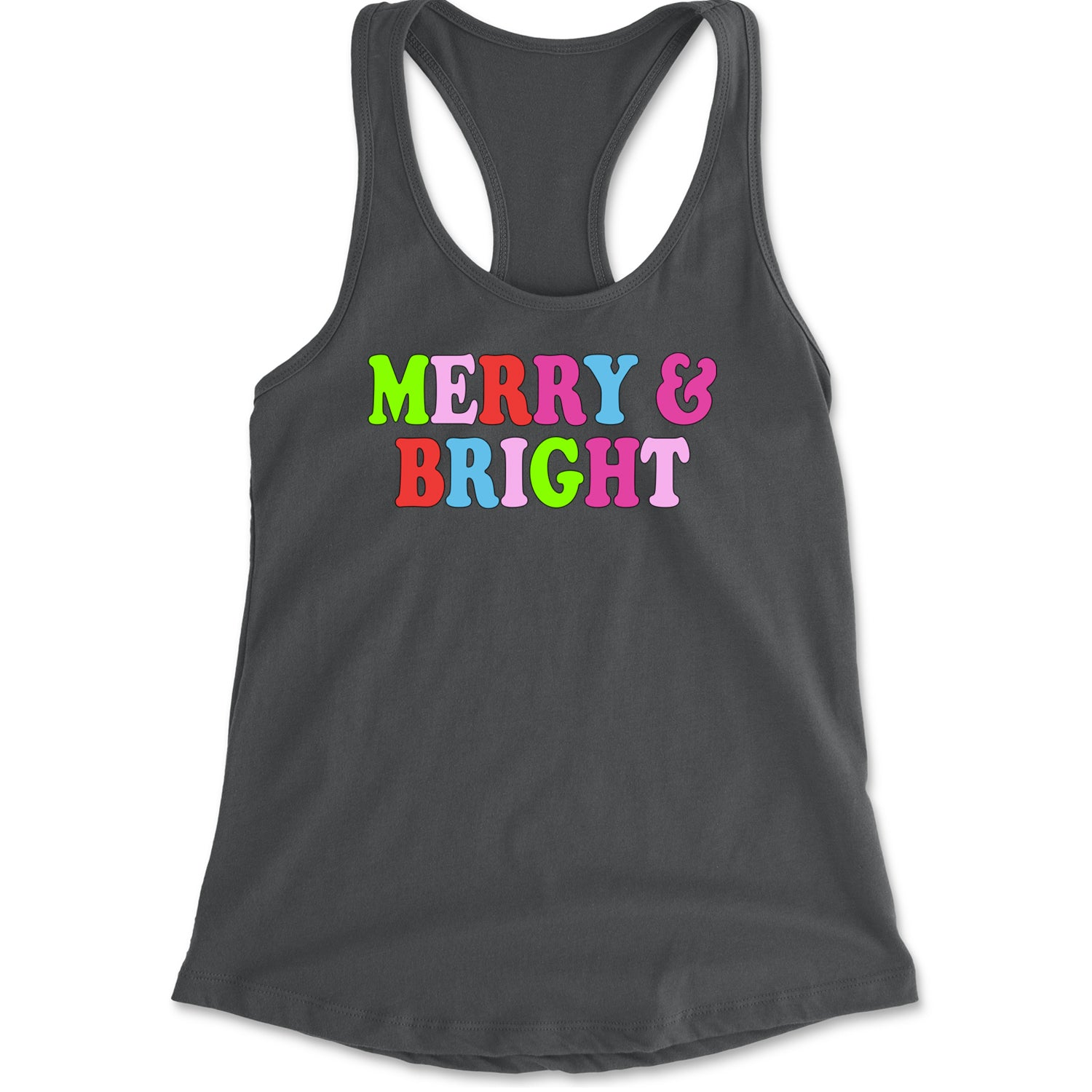 Merry and Bright Festive Christmas Holiday Racerback Tank Top for Women Charcoal Grey