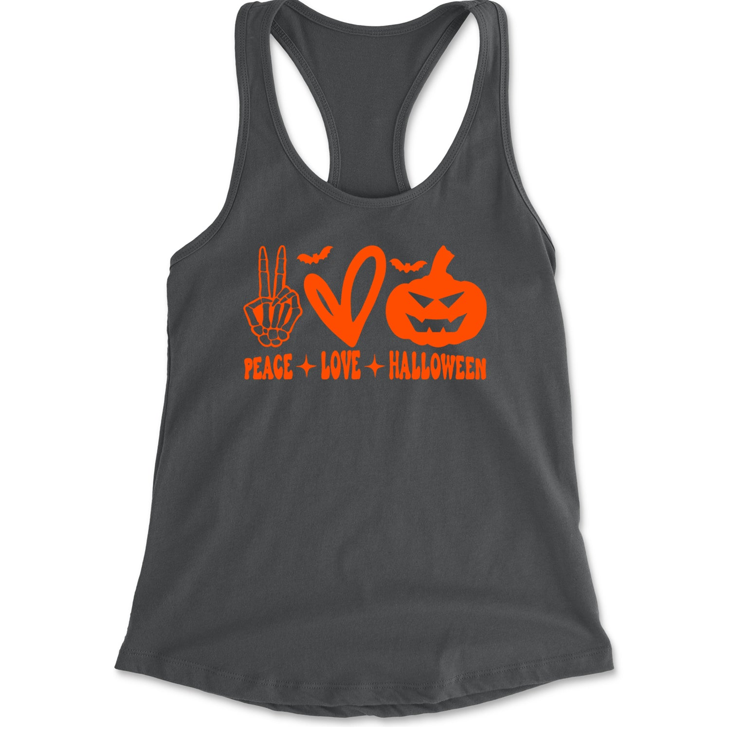 Peace, Love and Halloween Racerback Tank Top for Women Charcoal Grey