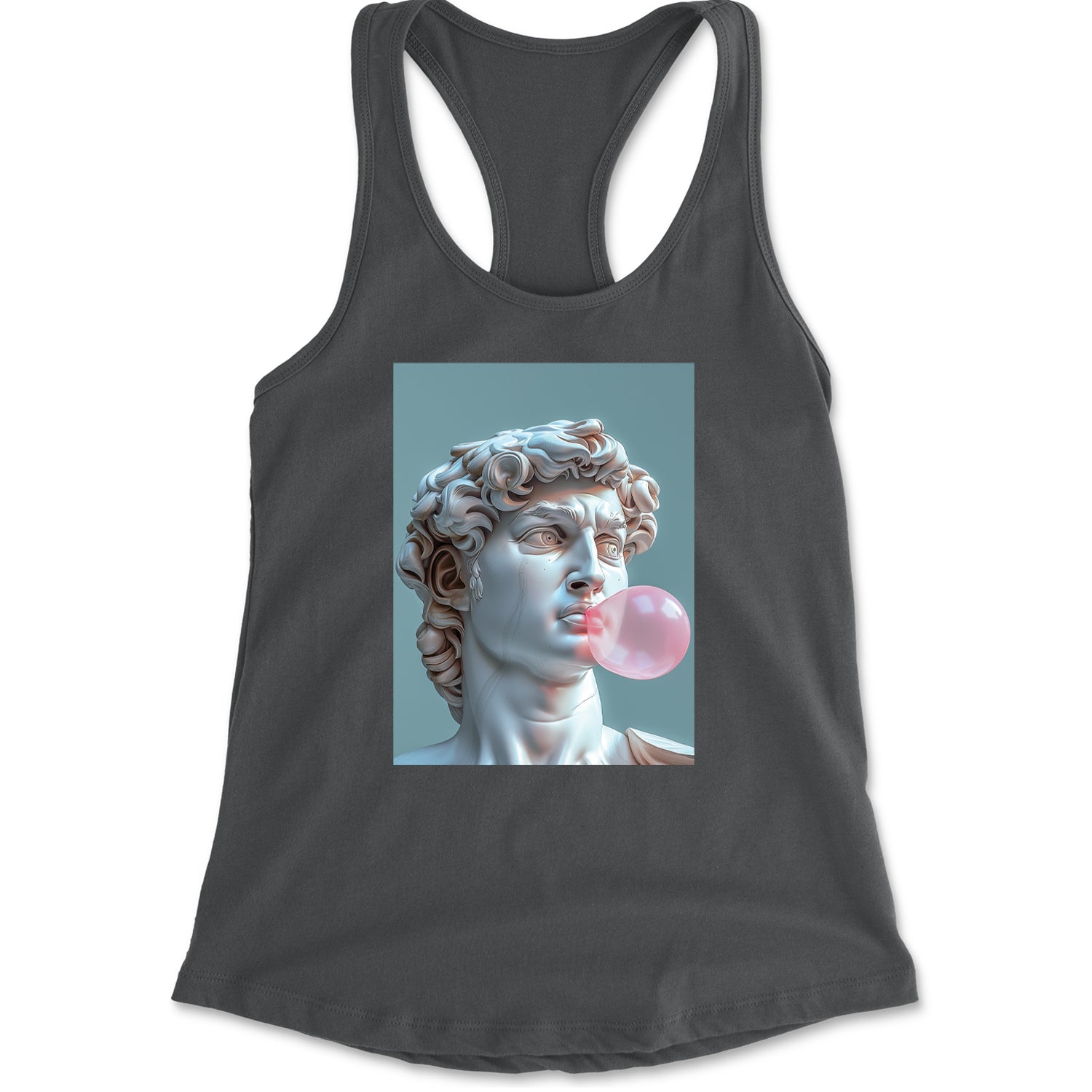 Michelangelo's David with Bubble Gum Contemporary Statue Art Racerback Tank Top for Women Charcoal Grey