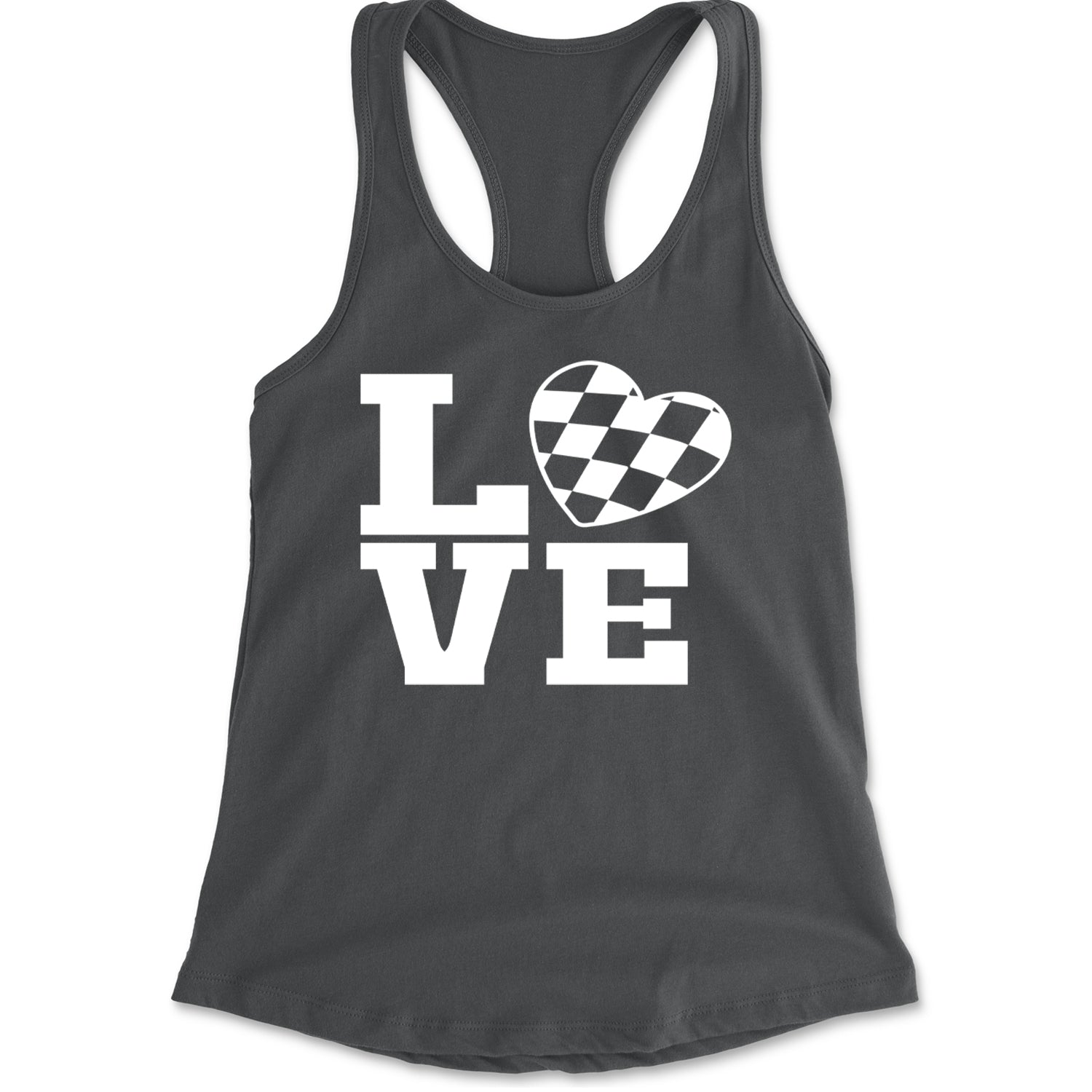 Love Racing Checkered Flag Heart Racerback Tank Top for Women Charcoal Grey