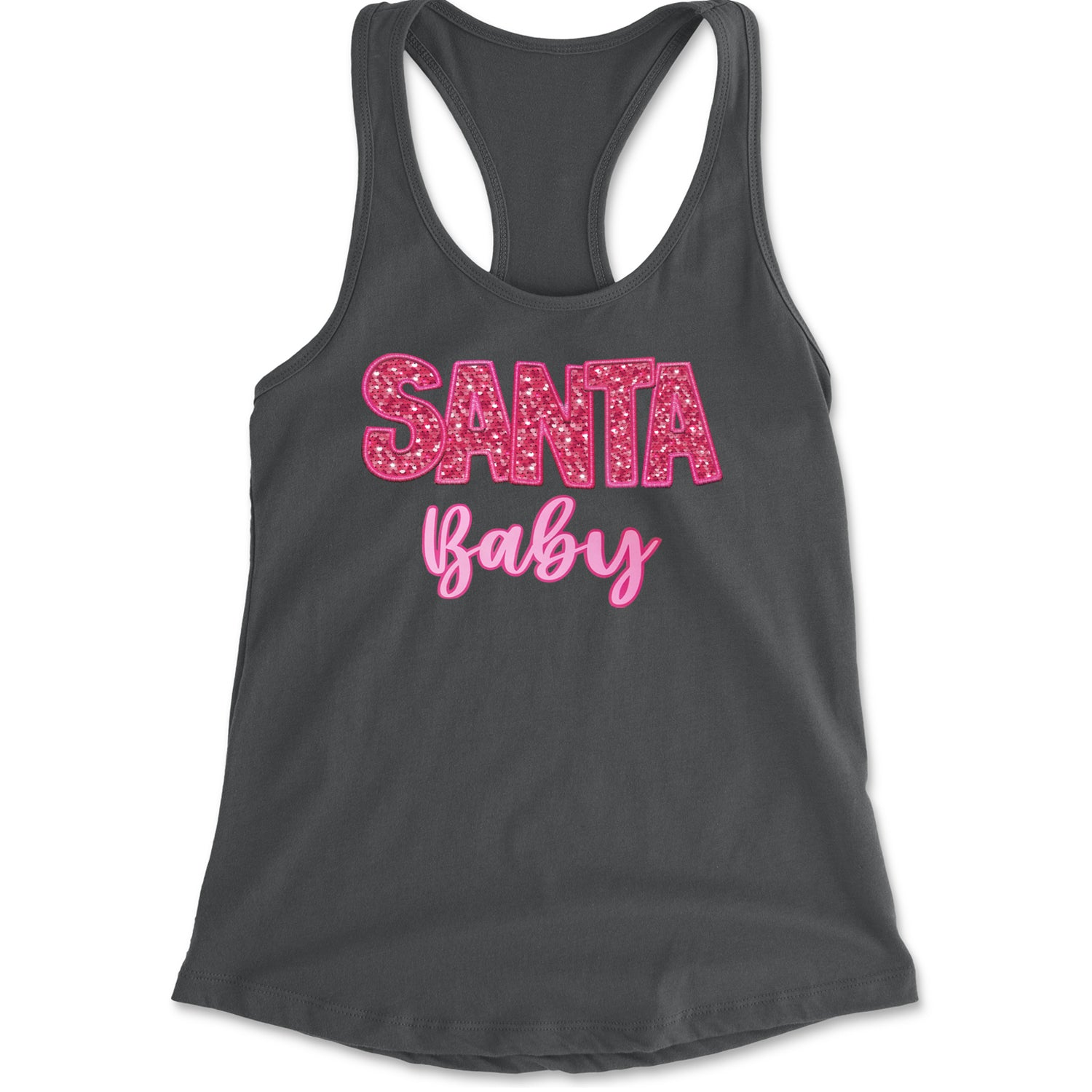 Santa Baby Faux Patch and Sequins Racerback Tank Top for Women Charcoal Grey