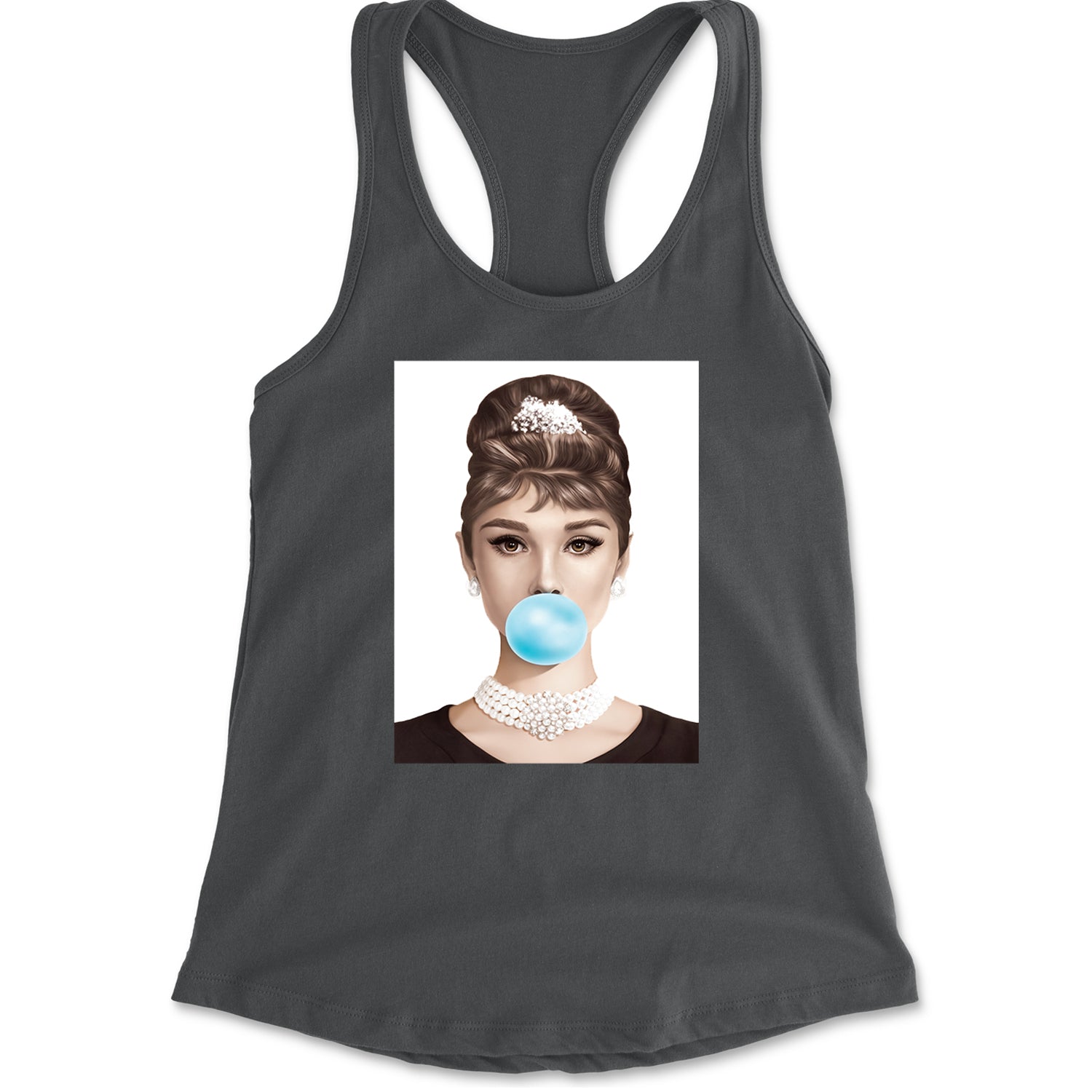 Audrey Hepburn Chewing Bubble Gum American Icon Racerback Tank Top for Women Charcoal Grey