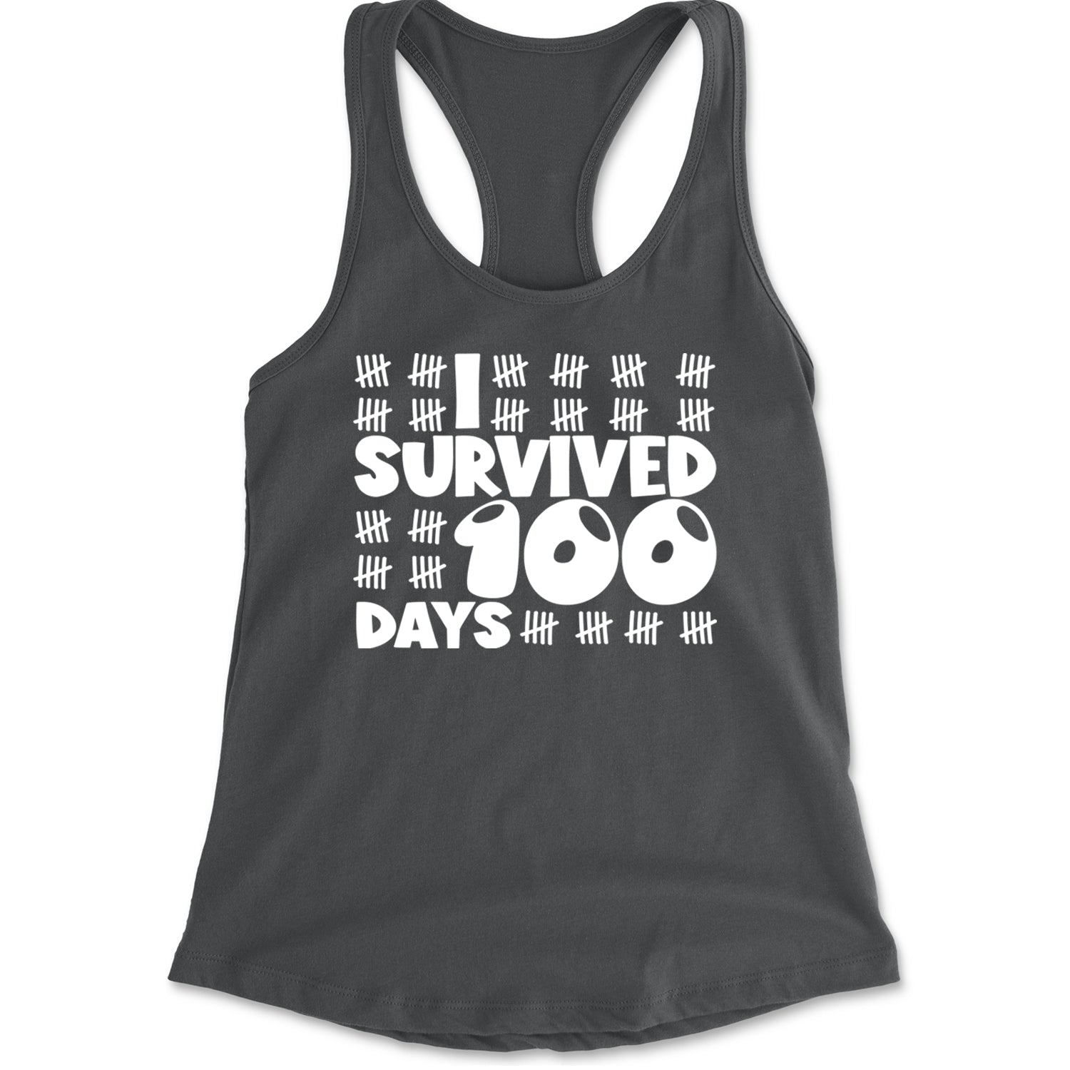 I Survived 100 Days Tally Marks Racerback Tank Top for Women Charcoal Grey