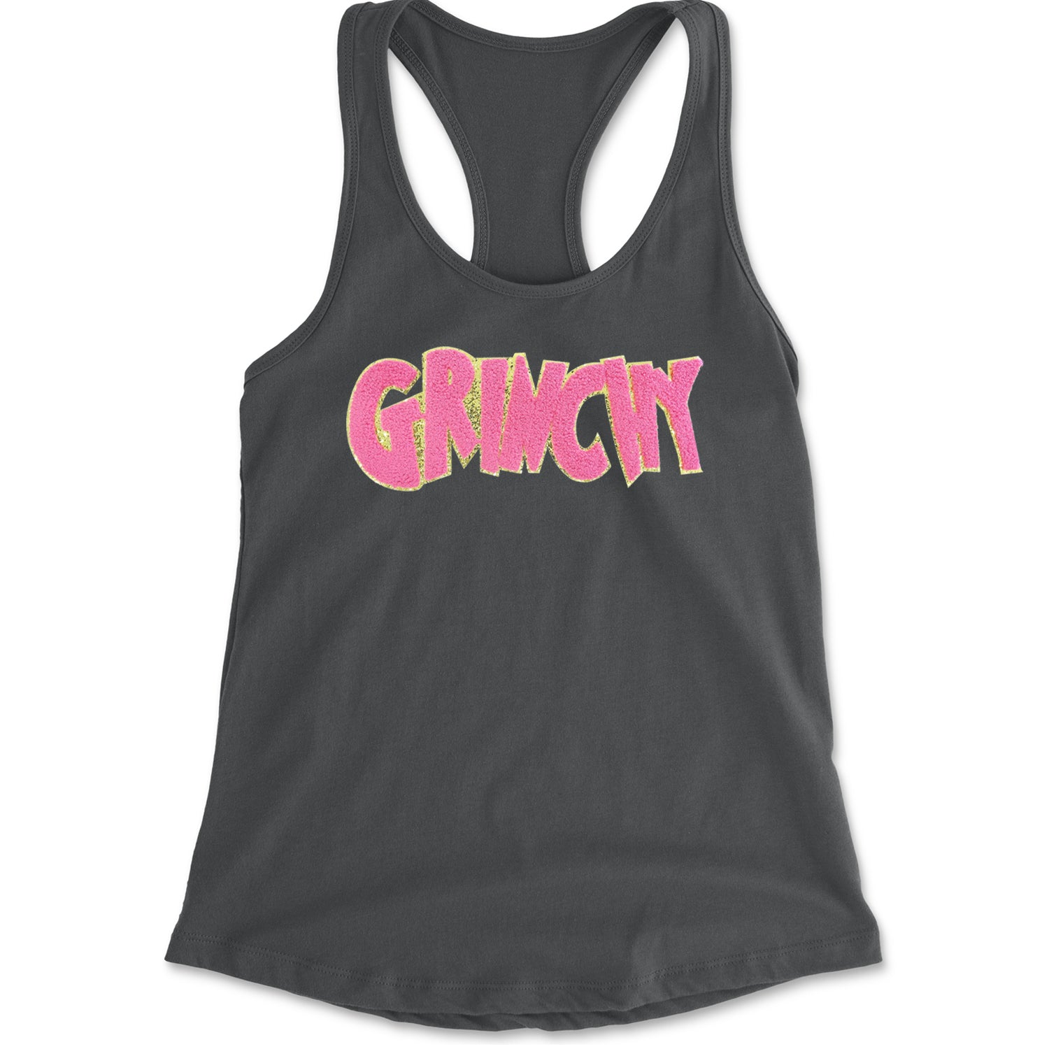 Pink Gr-nchy Chenille Patch Racerback Tank Top for Women Charcoal Grey