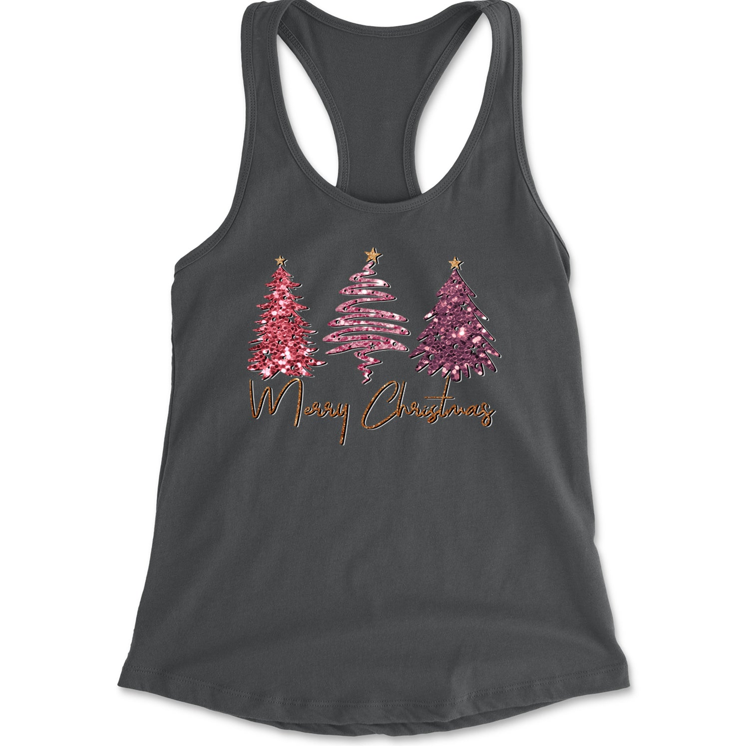 Merry Christmas Faux Glitter Trees Racerback Tank Top for Women Charcoal Grey