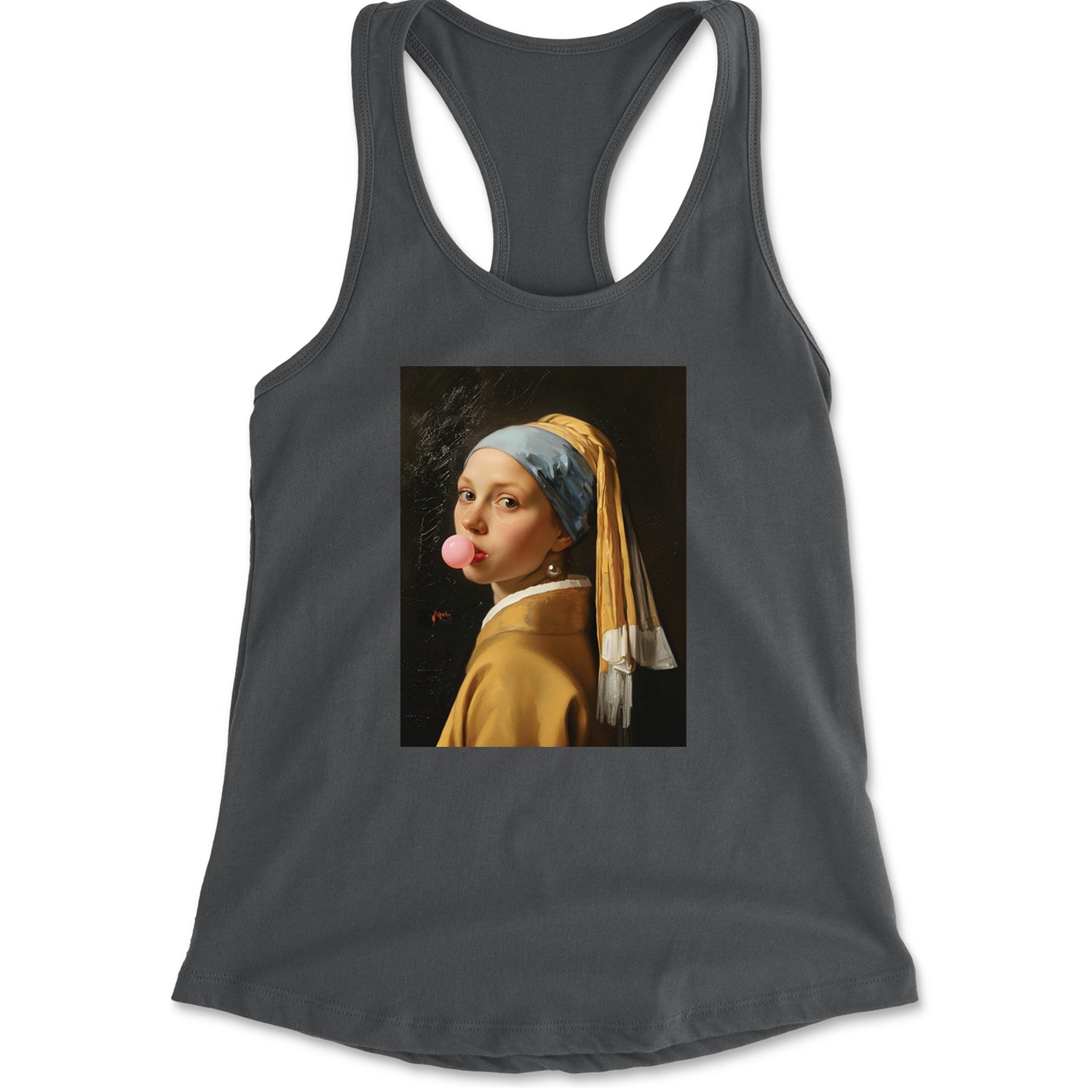 Girl with a Pearl Earring Bubble Gum Contemporary Art Racerback Tank Top for Women Charcoal Grey