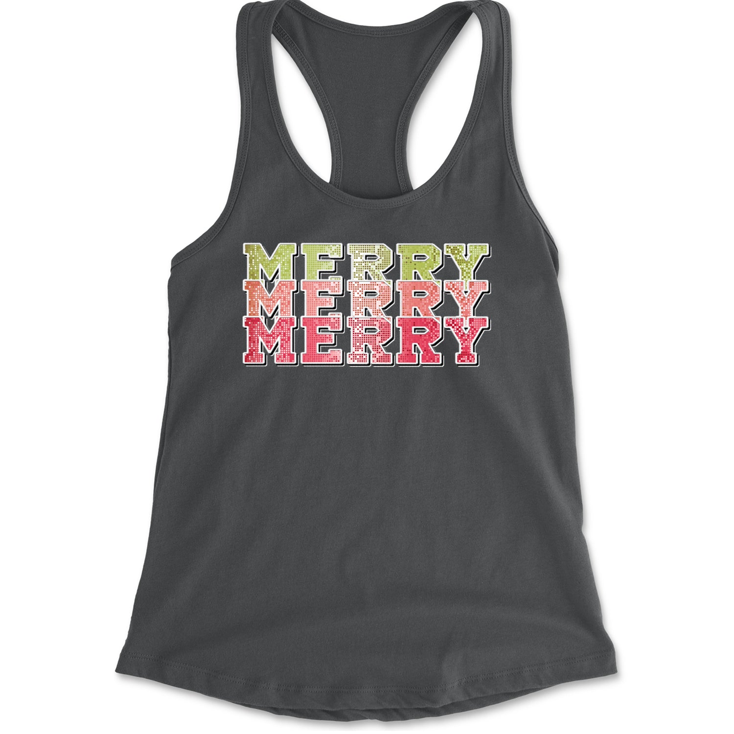 Merry Merry Merry Faux Sequins Racerback Tank Top for Women Charcoal Grey