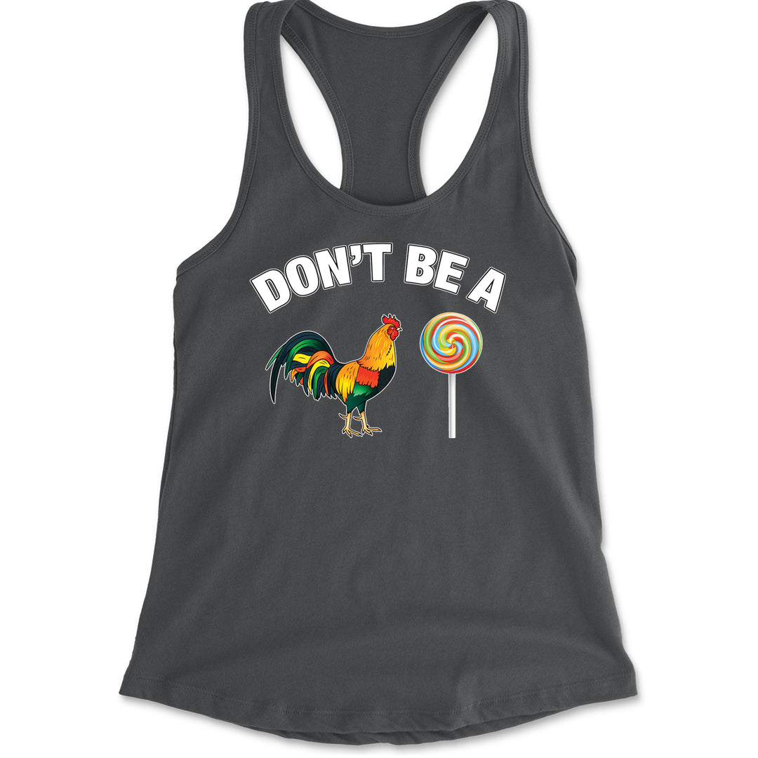 Rooster and swirl lollipop pun graphic on a women's lightweight racerback tank top