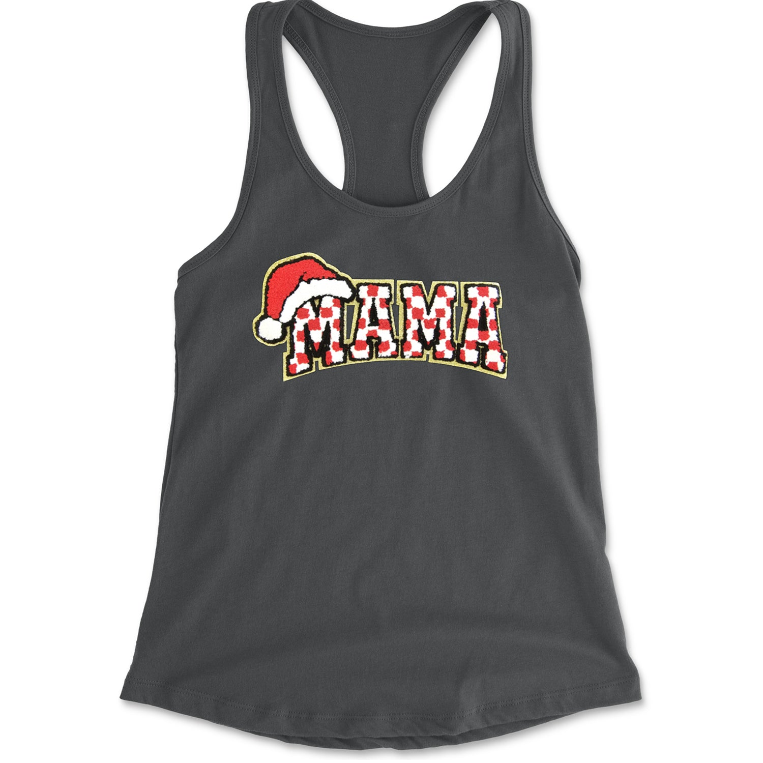 Mama Santa Hat Chenille Patch Racerback Tank Top for Women Charcoal Grey