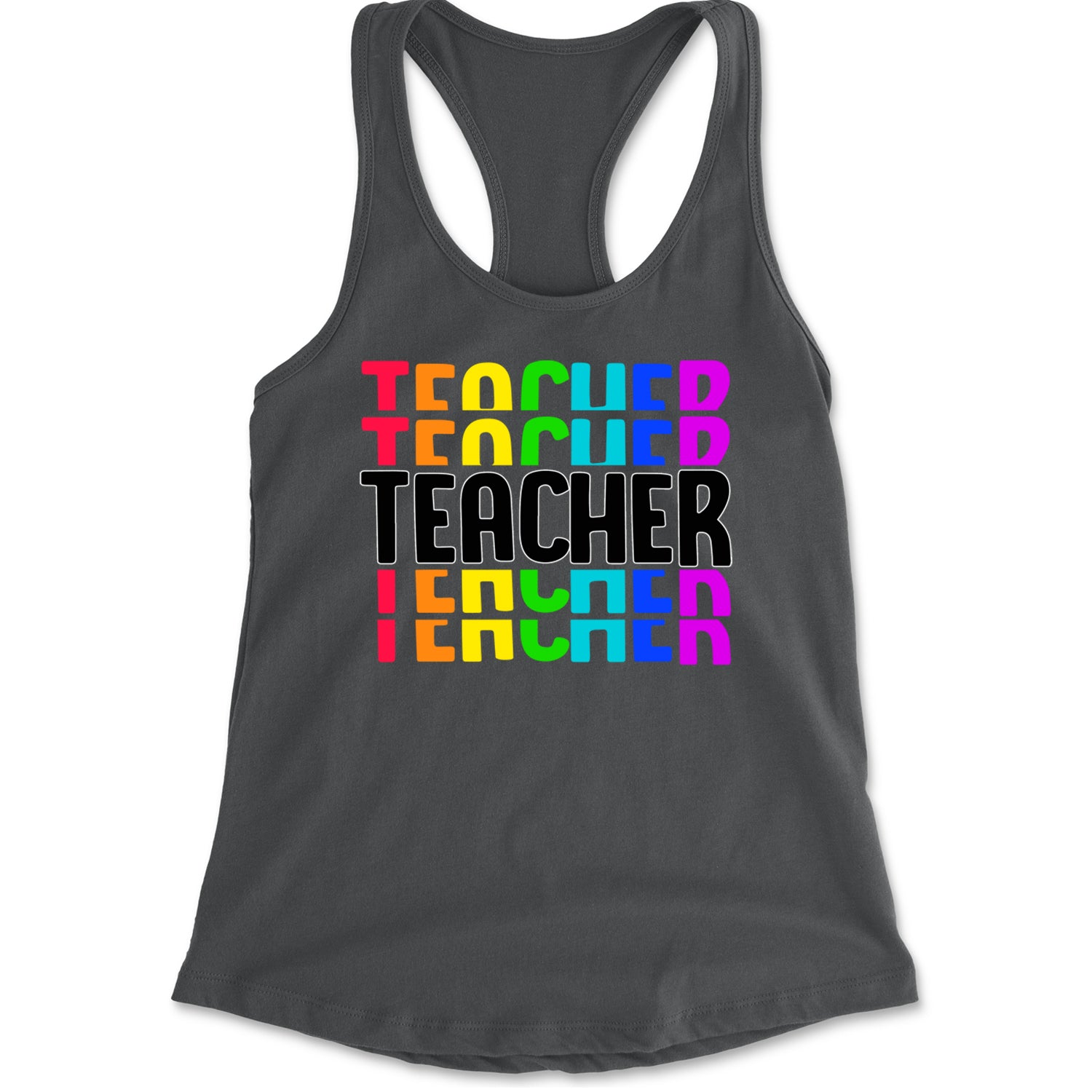 Teacher Repeated Rainbow Pattern Racerback Tank Top for Women Charcoal Grey