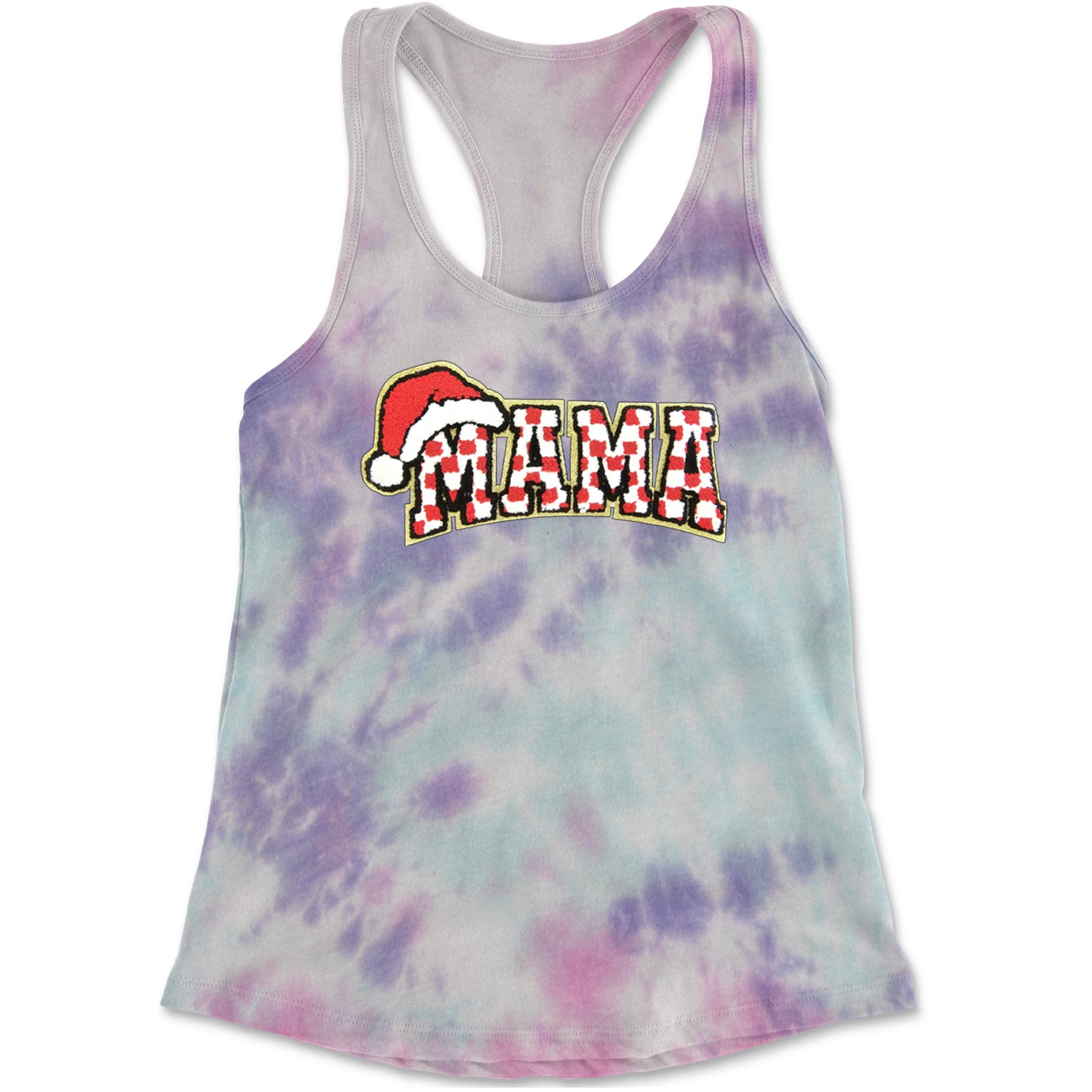 Mama Santa Hat Chenille Patch Racerback Tank Top for Women Cotton Candy