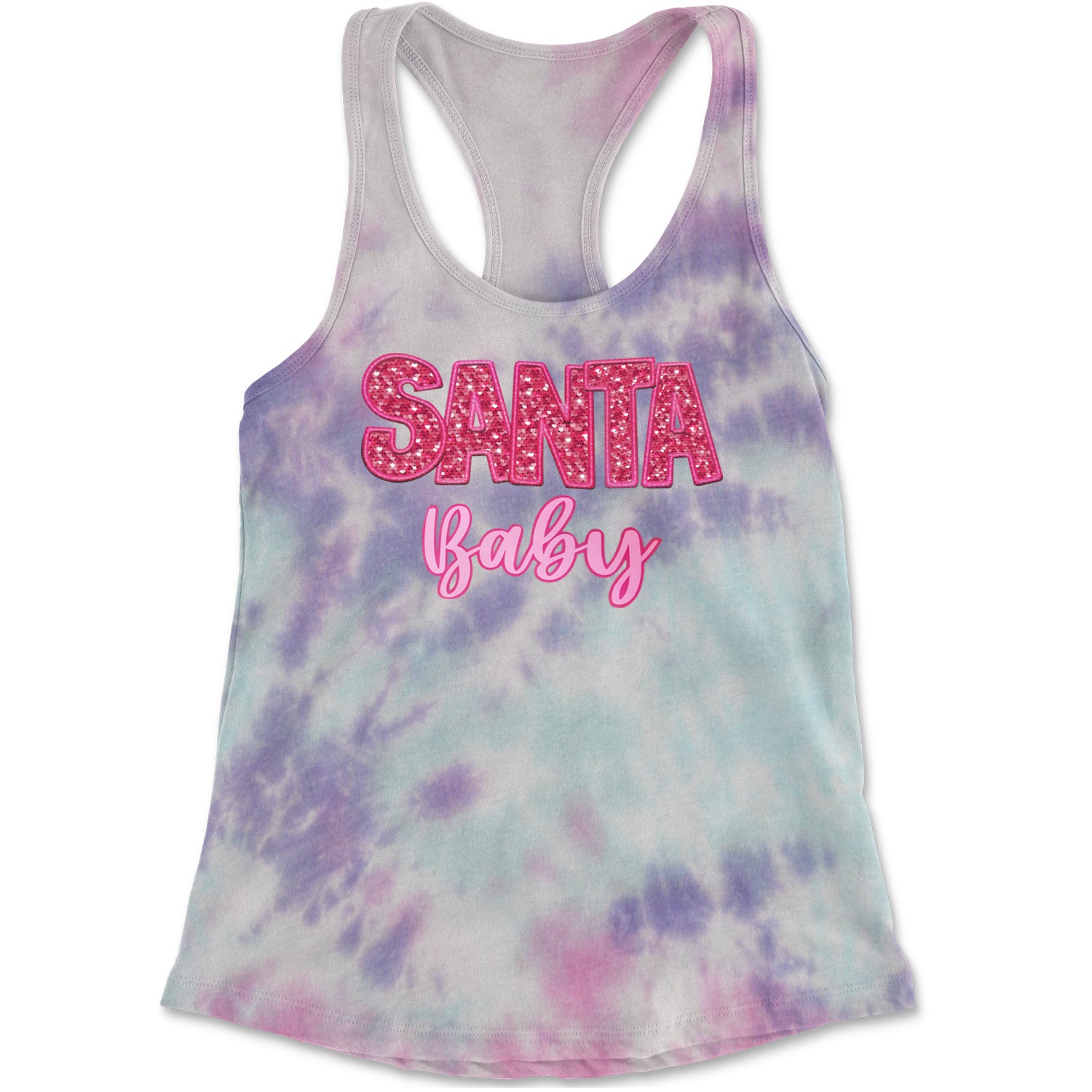 Santa Baby Faux Patch and Sequins Racerback Tank Top for Women Cotton Candy