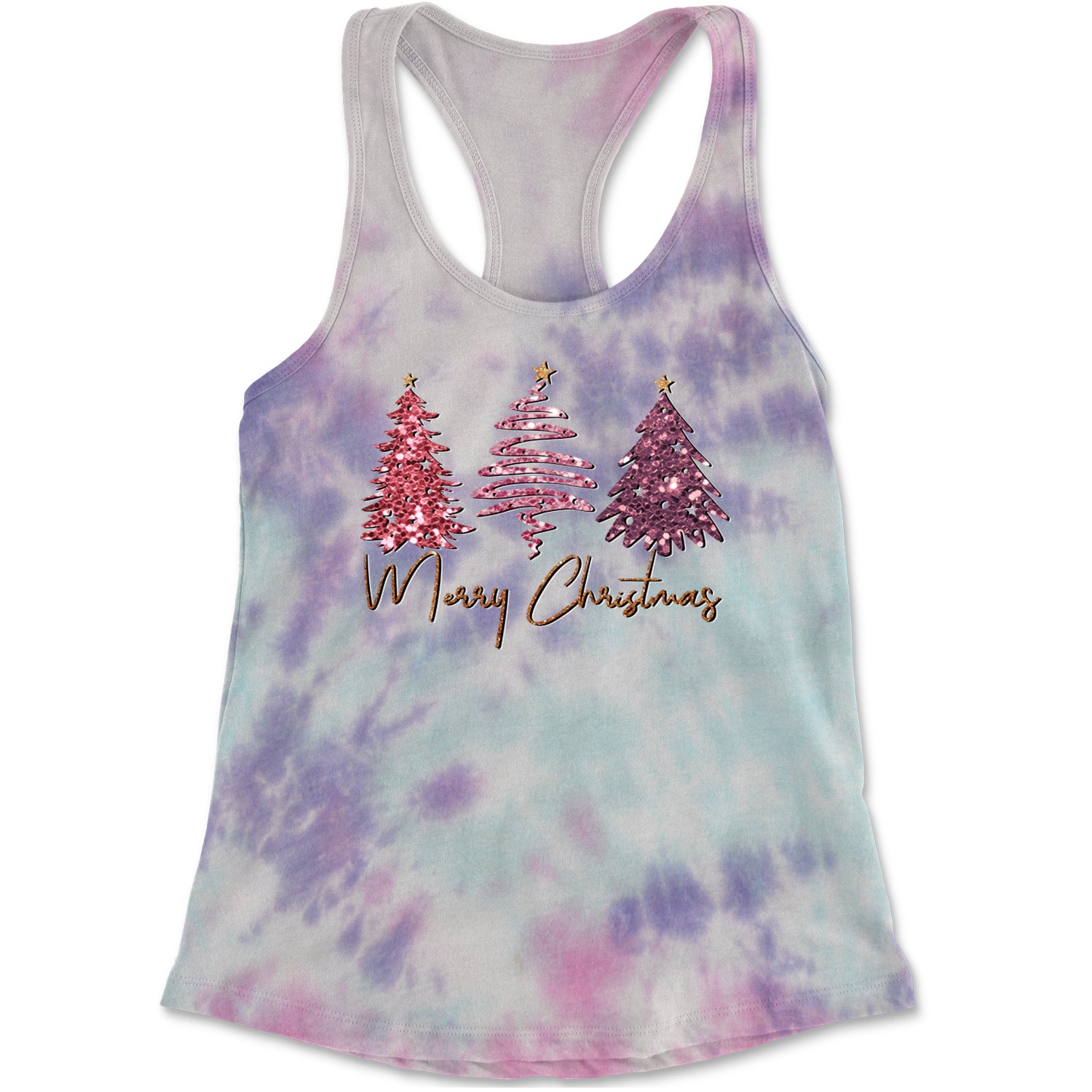 Merry Christmas Faux Glitter Trees Racerback Tank Top for Women Cotton Candy