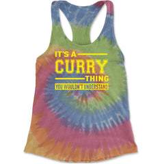 Varsity lettering basketball humor graphic in blue and yellow on a Women's Lightweight Racerback Tank with scoop neck racerback