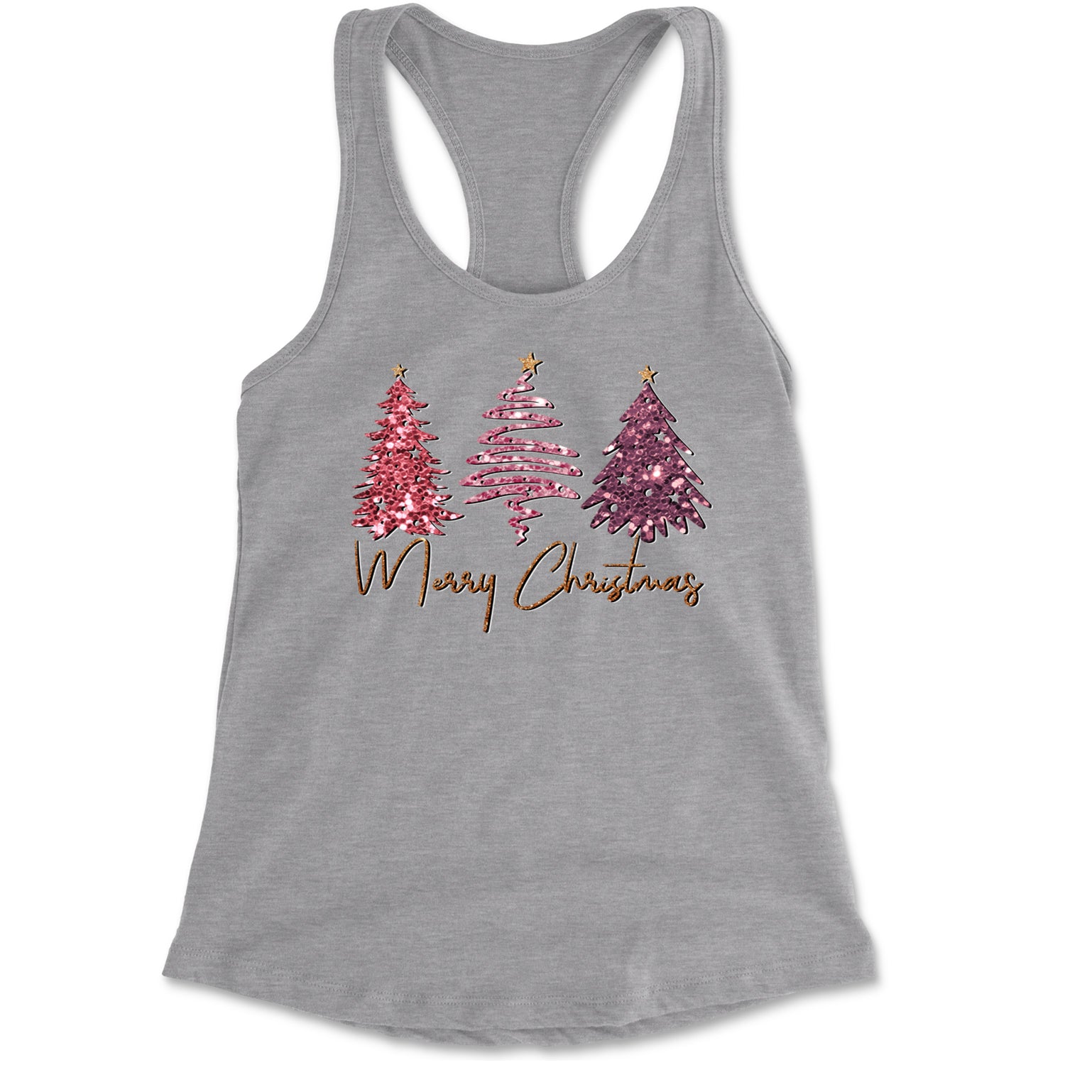 Merry Christmas Faux Glitter Trees Racerback Tank Top for Women Heather Grey