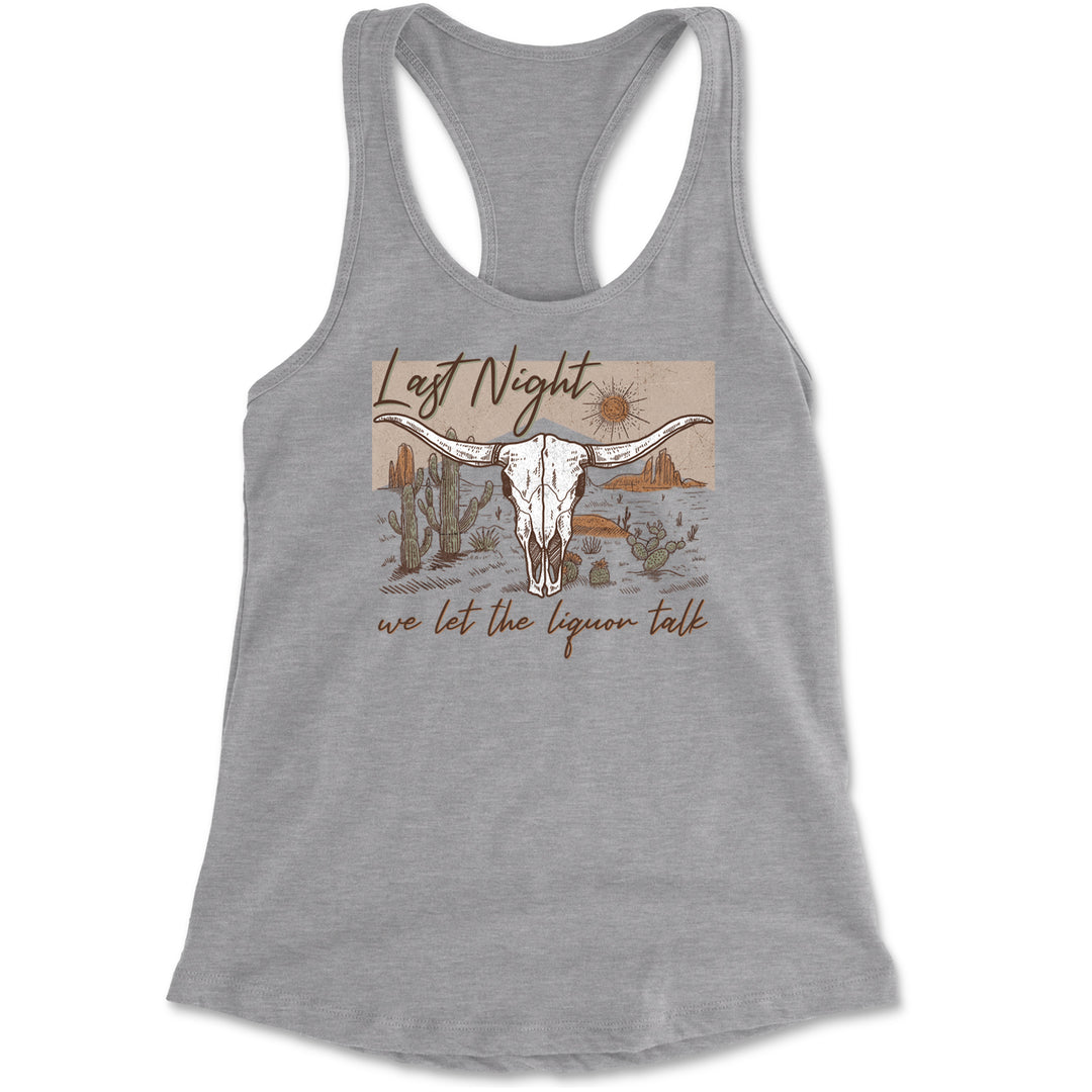 Women's lightweight racerback tank with Western longhorn skull, cacti, and sunburst graphic plus lyric-style wording