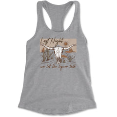 Women's lightweight racerback tank with Western longhorn skull, cacti, and sunburst graphic plus lyric-style wording