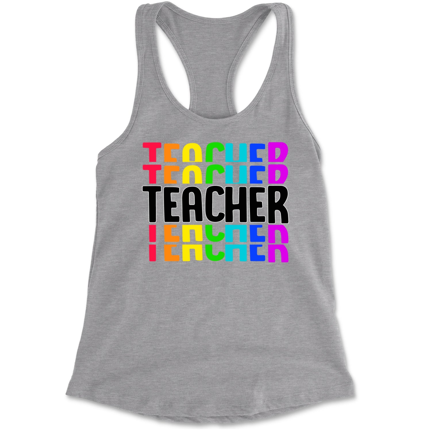 Teacher Repeated Rainbow Pattern Racerback Tank Top for Women Heather Grey