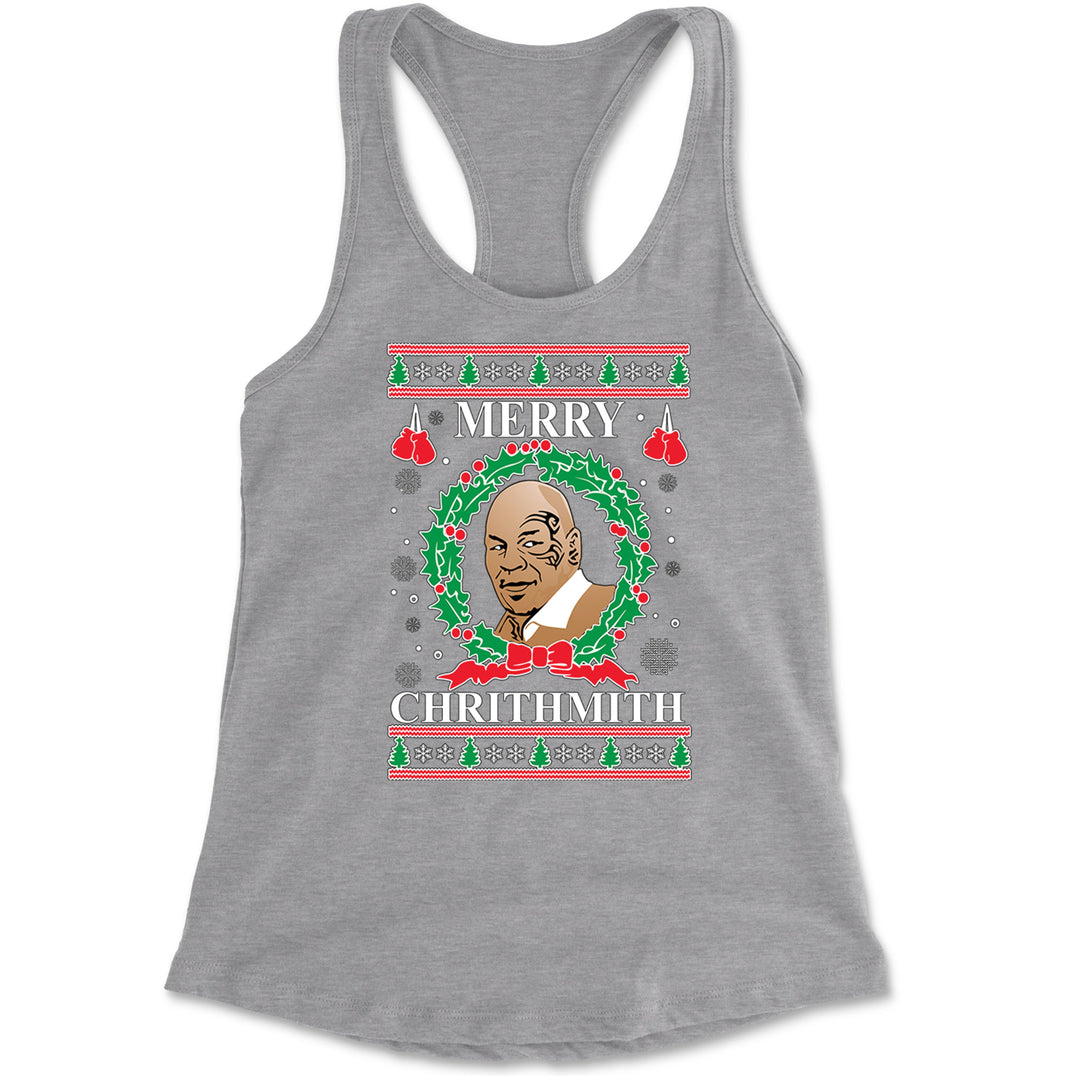 Women's lightweight racerback tank with an ugly-sweater style Christmas pun, boxer portrait in a wreath, boxing gloves, trees, and snowflakes