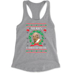 Women's lightweight racerback tank with an ugly-sweater style Christmas pun, boxer portrait in a wreath, boxing gloves, trees, and snowflakes