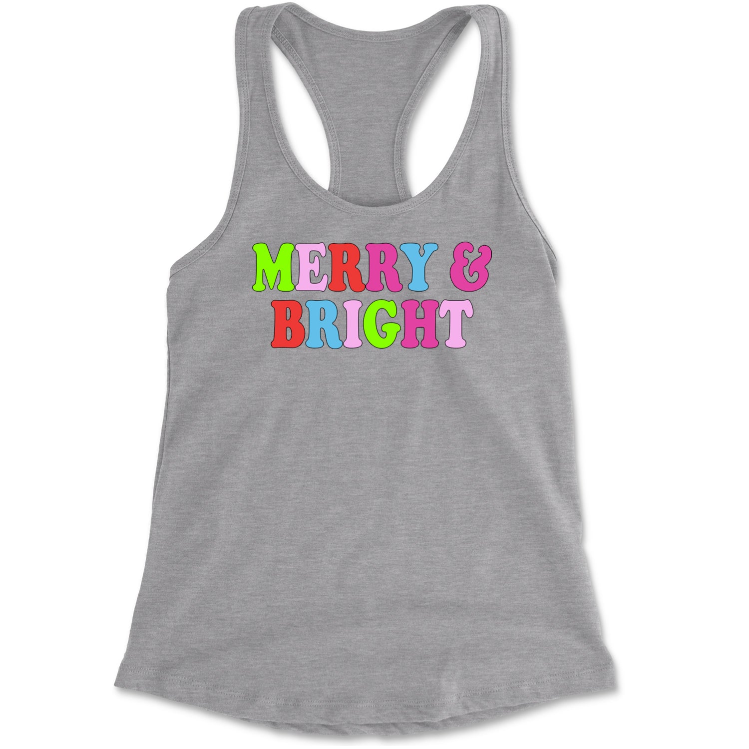 Merry and Bright Festive Christmas Holiday Racerback Tank Top for Women Heather Grey