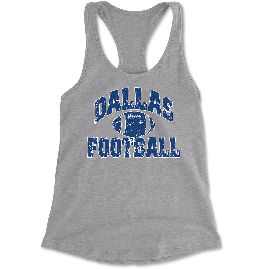 Distressed Dallas football graphic on a women's lightweight racerback tank top with scoop neck and sleeveless cut