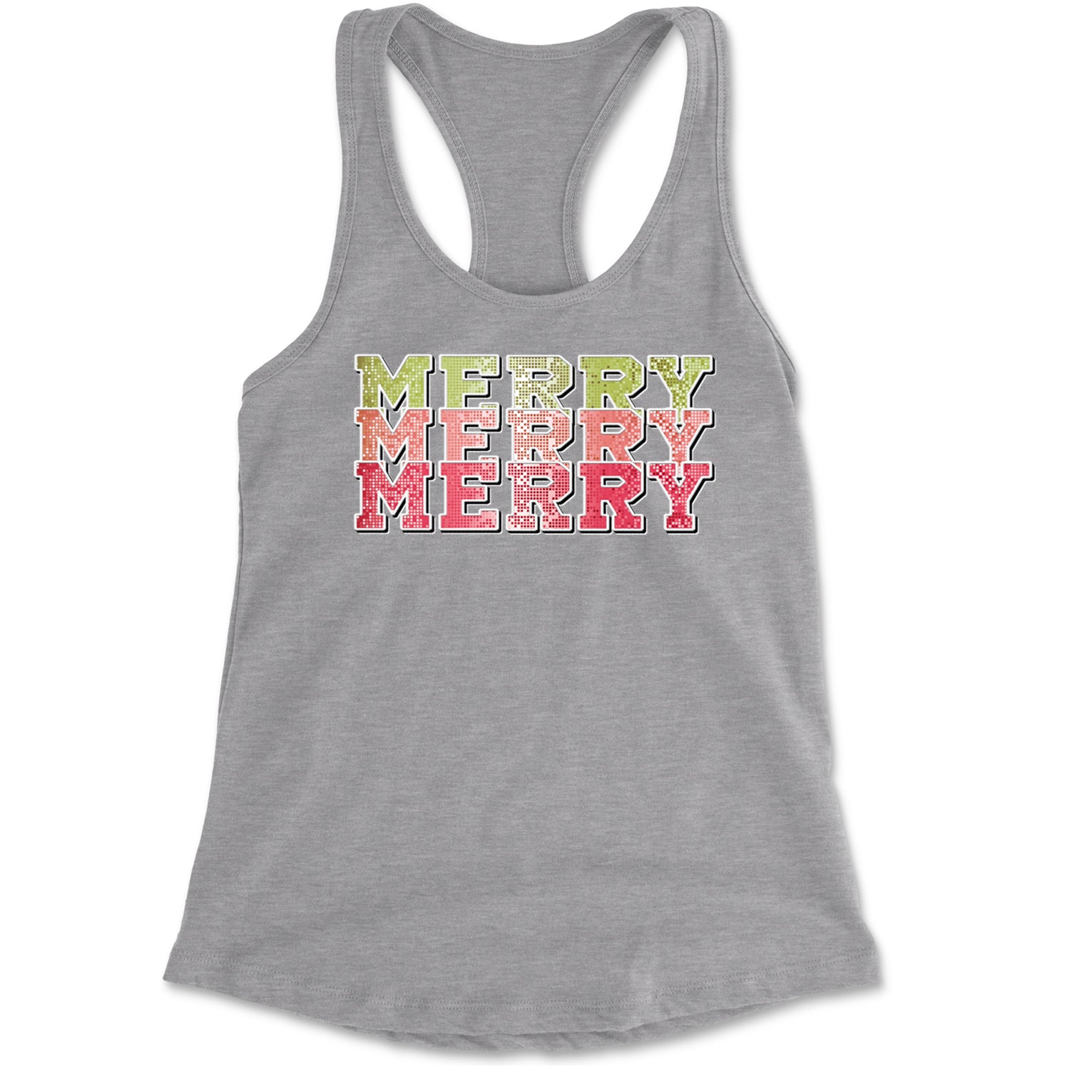 Merry Merry Merry Faux Sequins Racerback Tank Top for Women Heather Grey