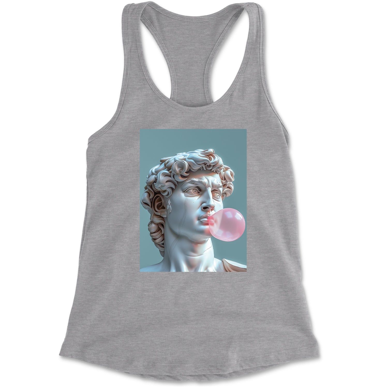 Michelangelo's David with Bubble Gum Contemporary Statue Art Racerback Tank Top for Women Heather Grey